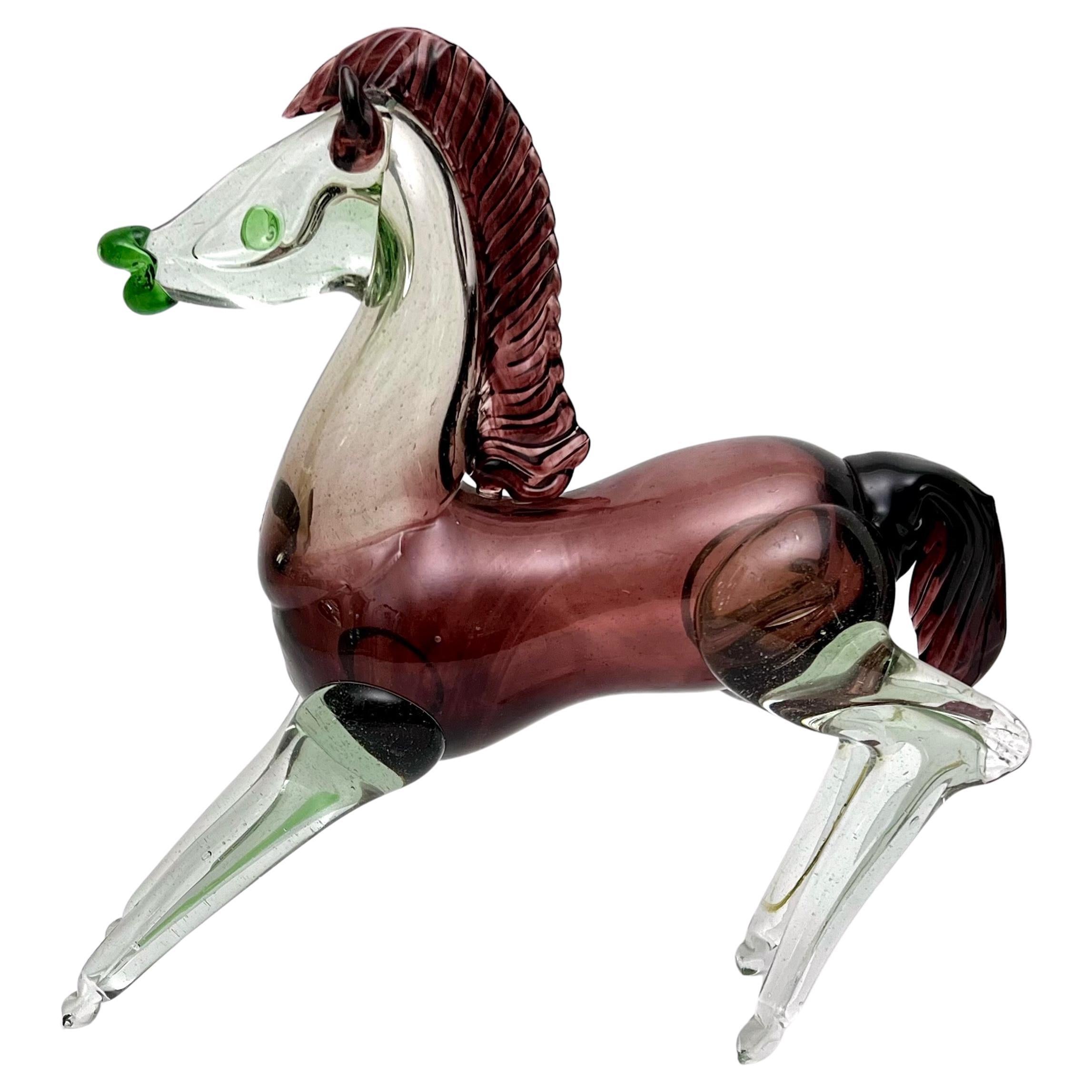 Mid-20th Century Murano Glass Horse in Green and Topaz For Sale