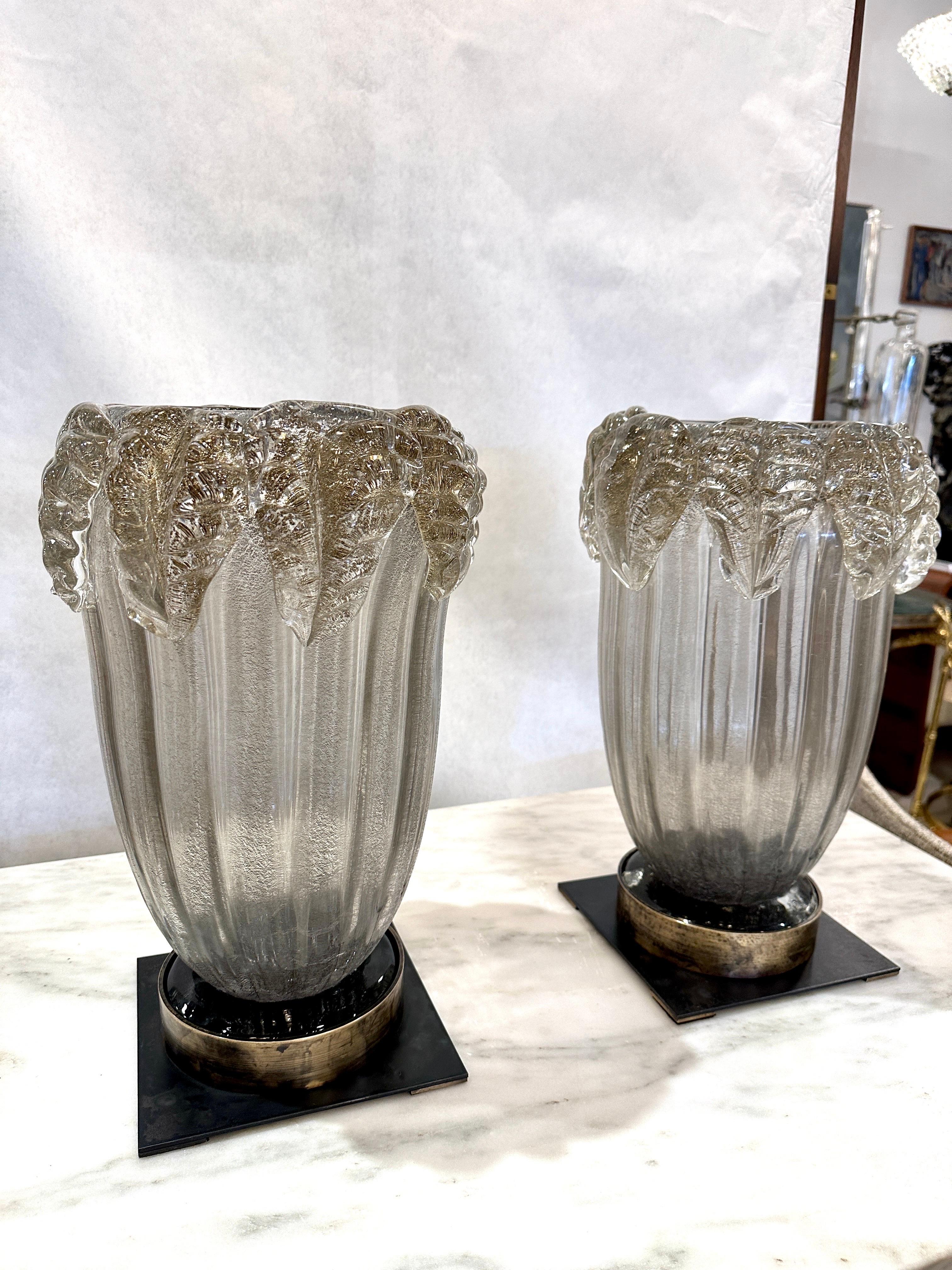Murano Glass Hurricane Lanterns, Pair In Good Condition For Sale In East Hampton, NY