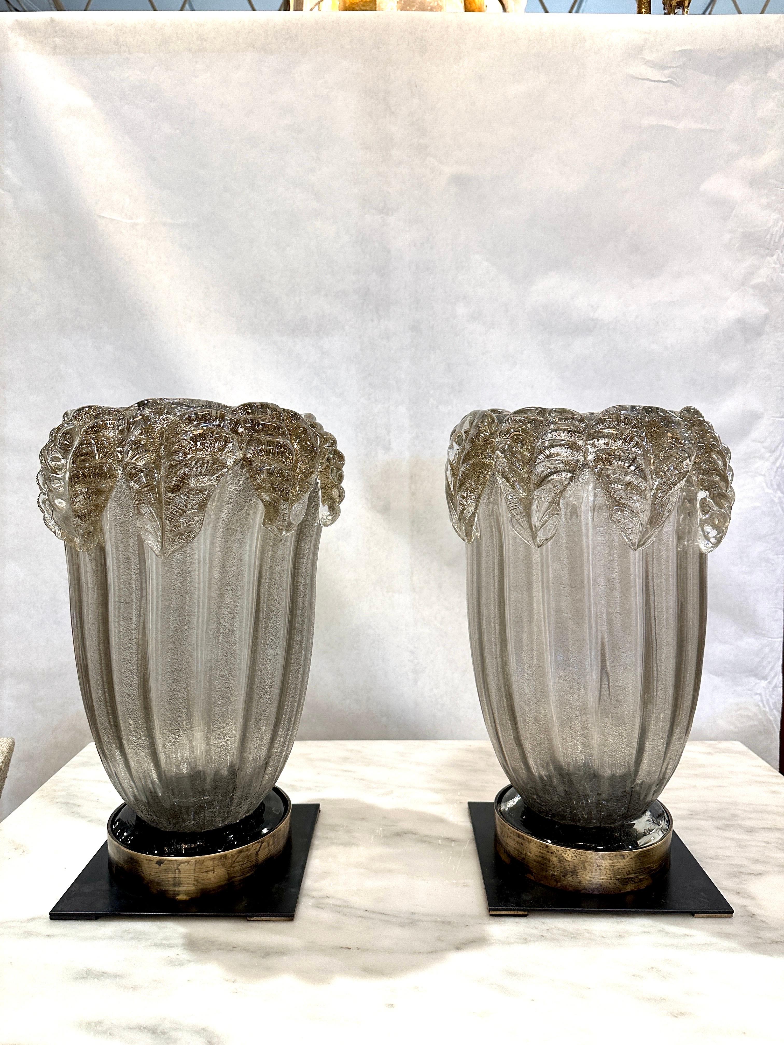 Bronze Murano Glass Hurricane Lanterns, Pair For Sale