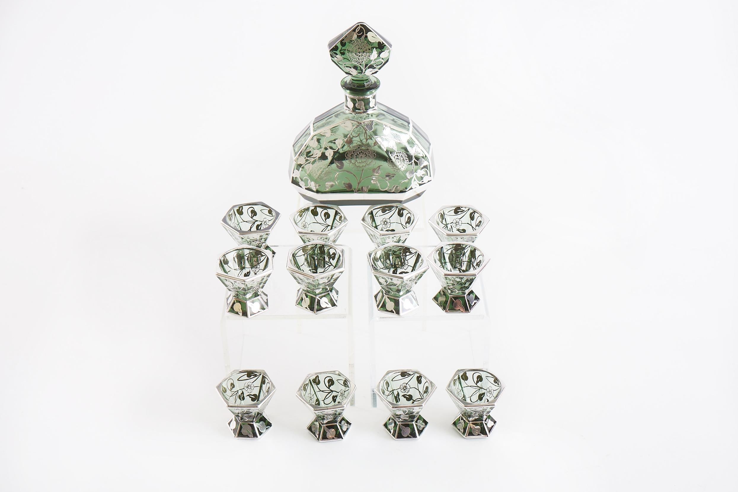Italian Murano Glass / Inlaid Silver Barware Service For Sale
