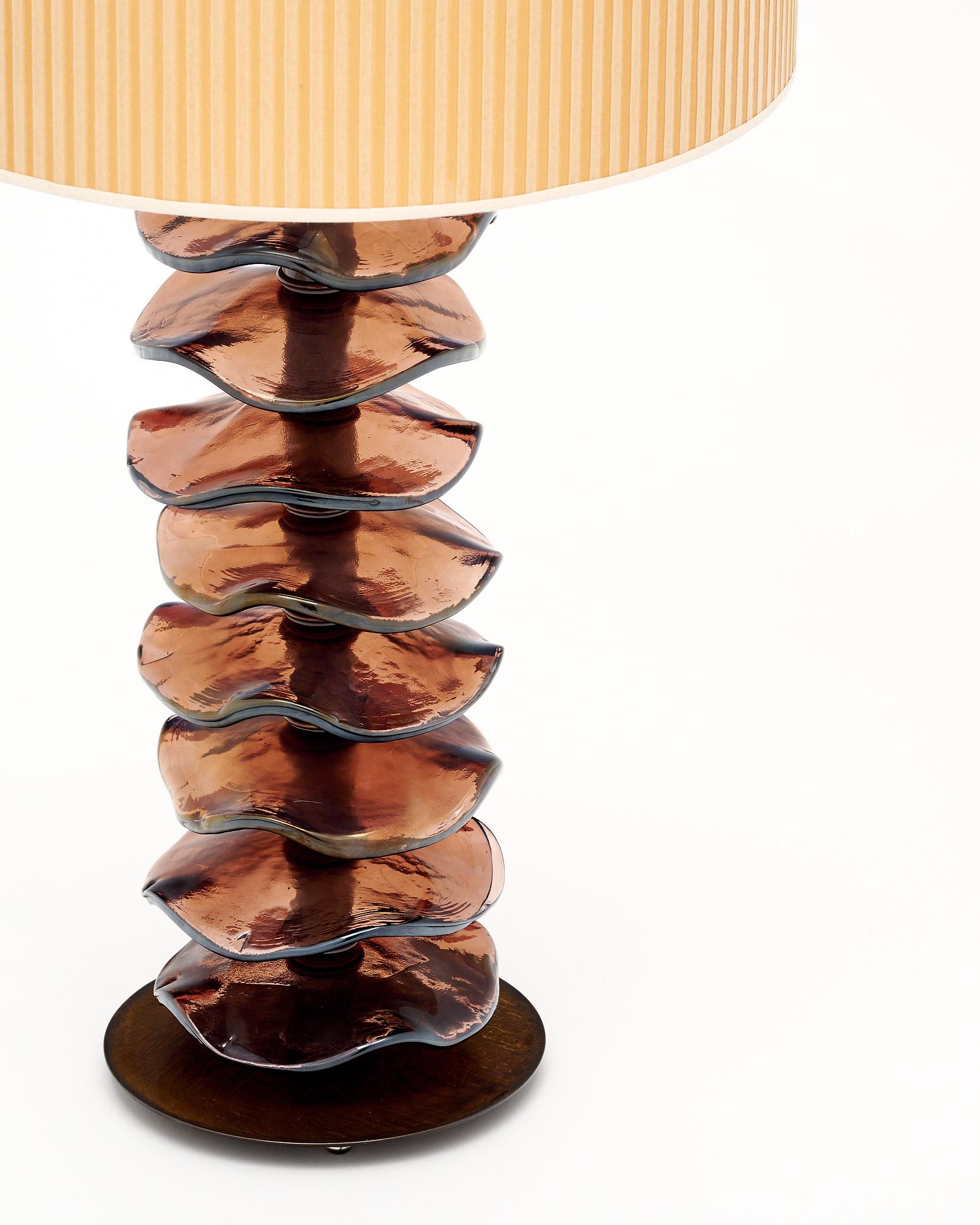 Murano Glass Iridescent Burgundy Disc Lamps In New Condition For Sale In Austin, TX