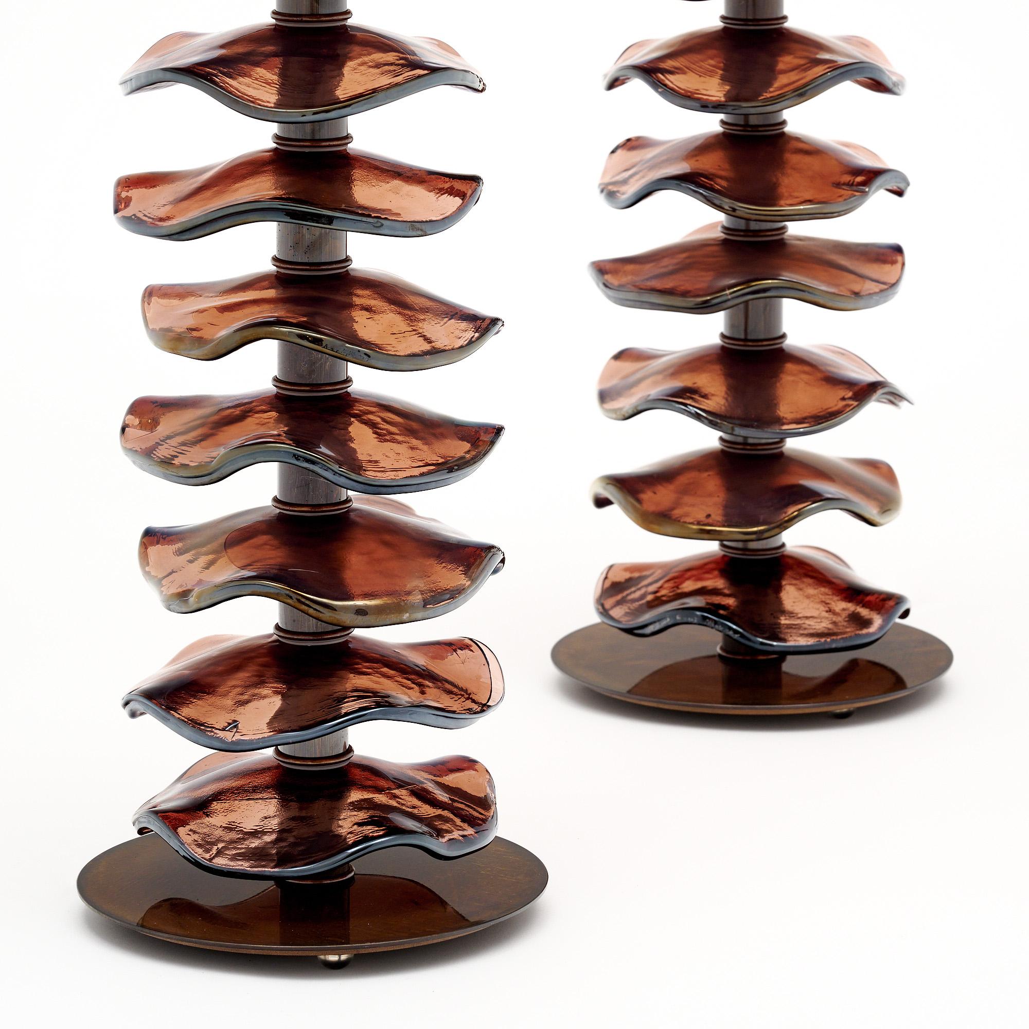 Murano Glass Iridescent Burgundy Disc Lamps For Sale 2