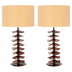 Murano Glass Iridescent Burgundy Disc Lamps