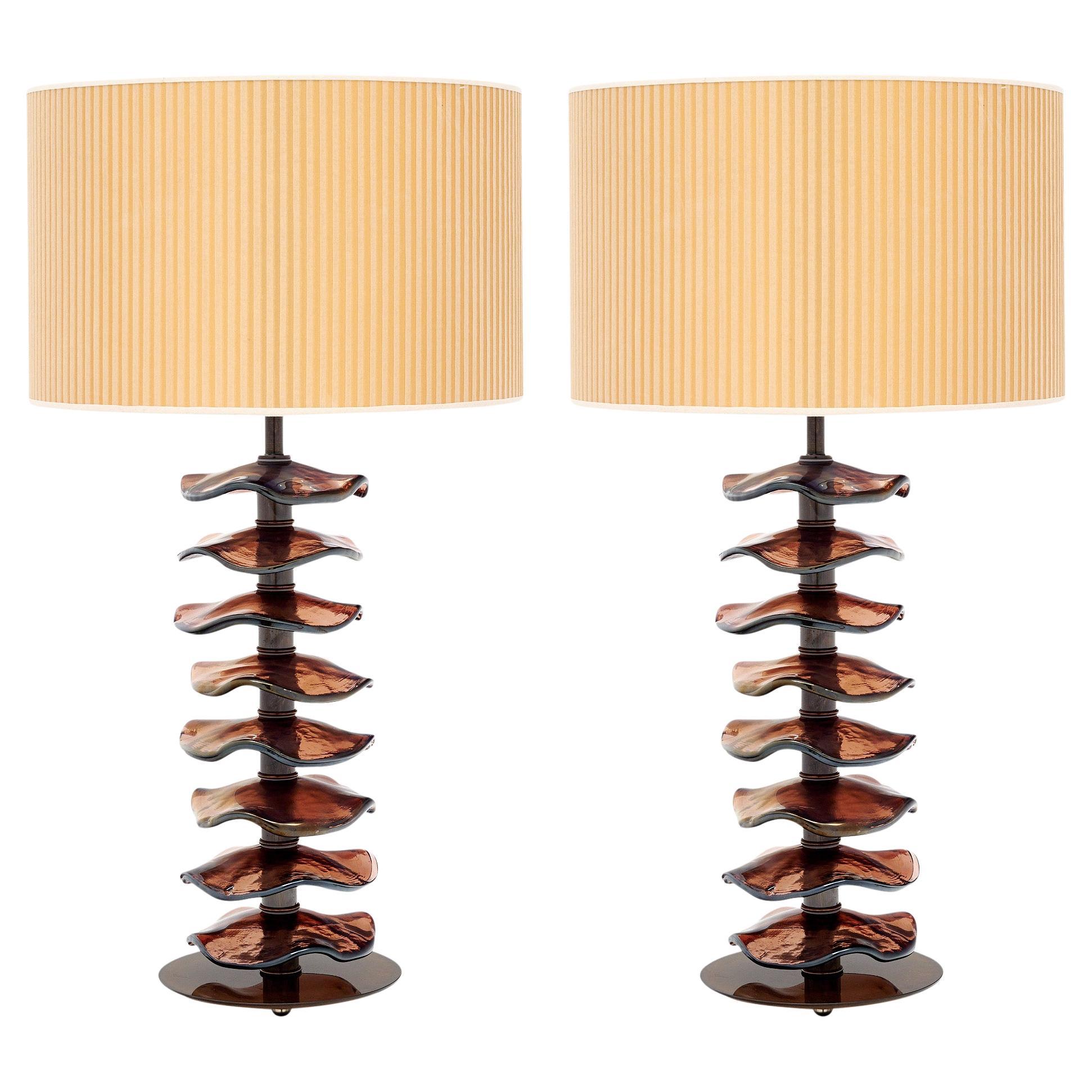 Murano Glass Burgundy Disc Table Lamps with Brass Base, Modern Design For Sale