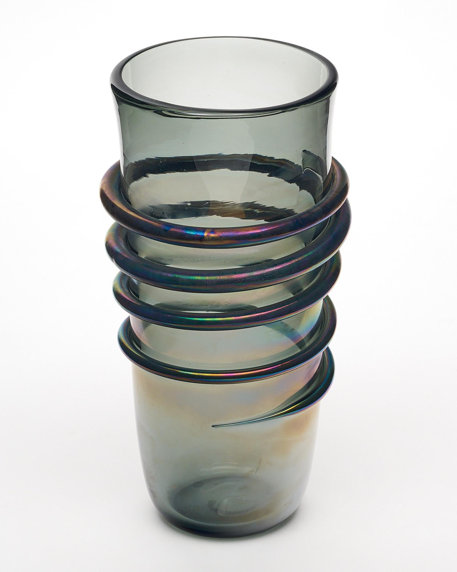 Italian Murano Glass Iridescent ‘Linee’ Vase For Sale