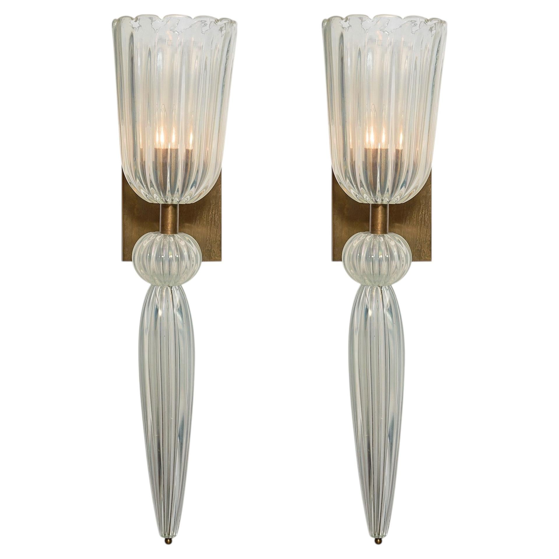 Murano Glass Iridescent Torch Sconces, Brass Structure, Italy