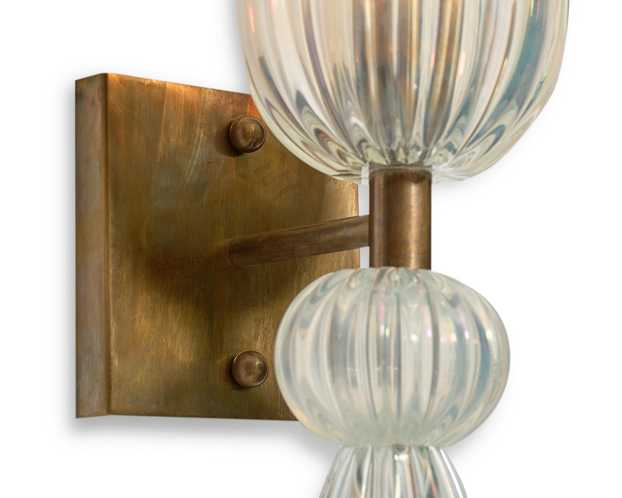 Murano Glass Iridescent Torch Sconces In Good Condition For Sale In Austin, TX
