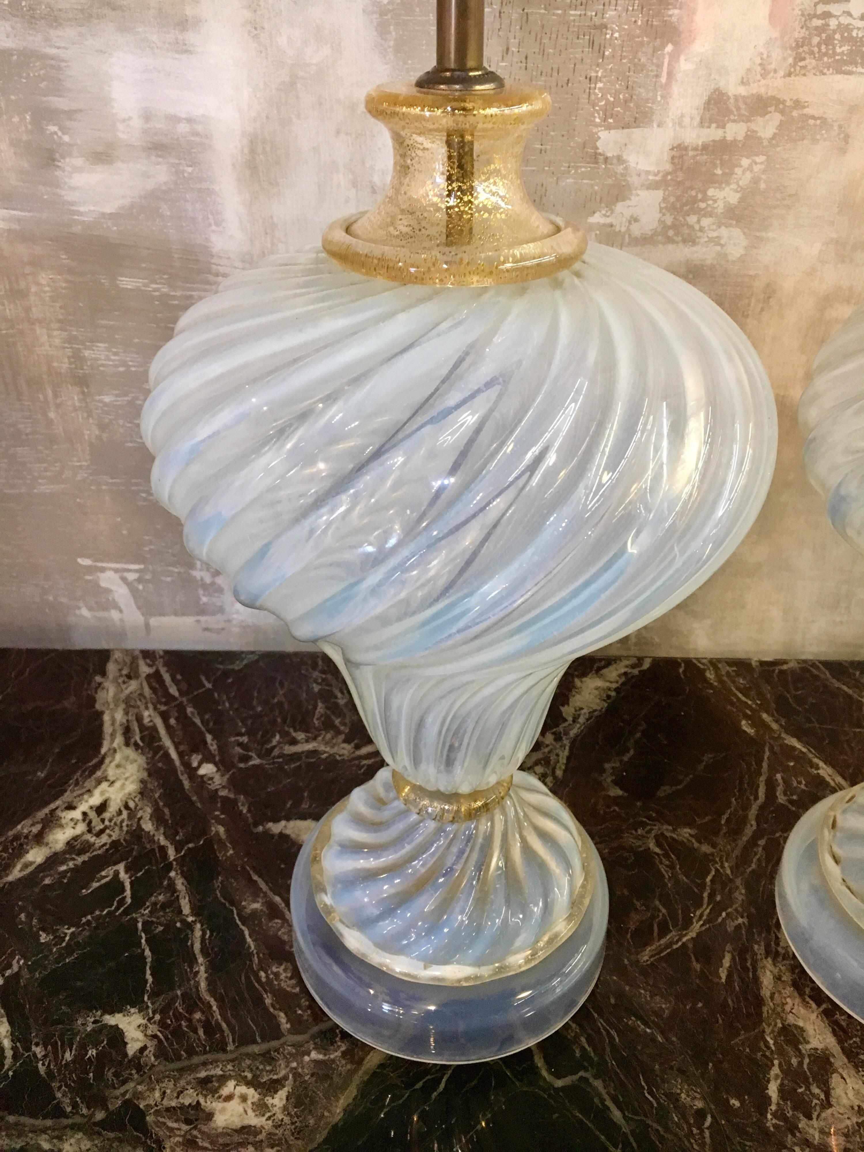 Elegant matching pair of Murano Glass swirl table lamps done in a subtle turquoise blue and 24 carat gold flecks. As unusual as they are beautiful!
Wired for US and in perfect working order.