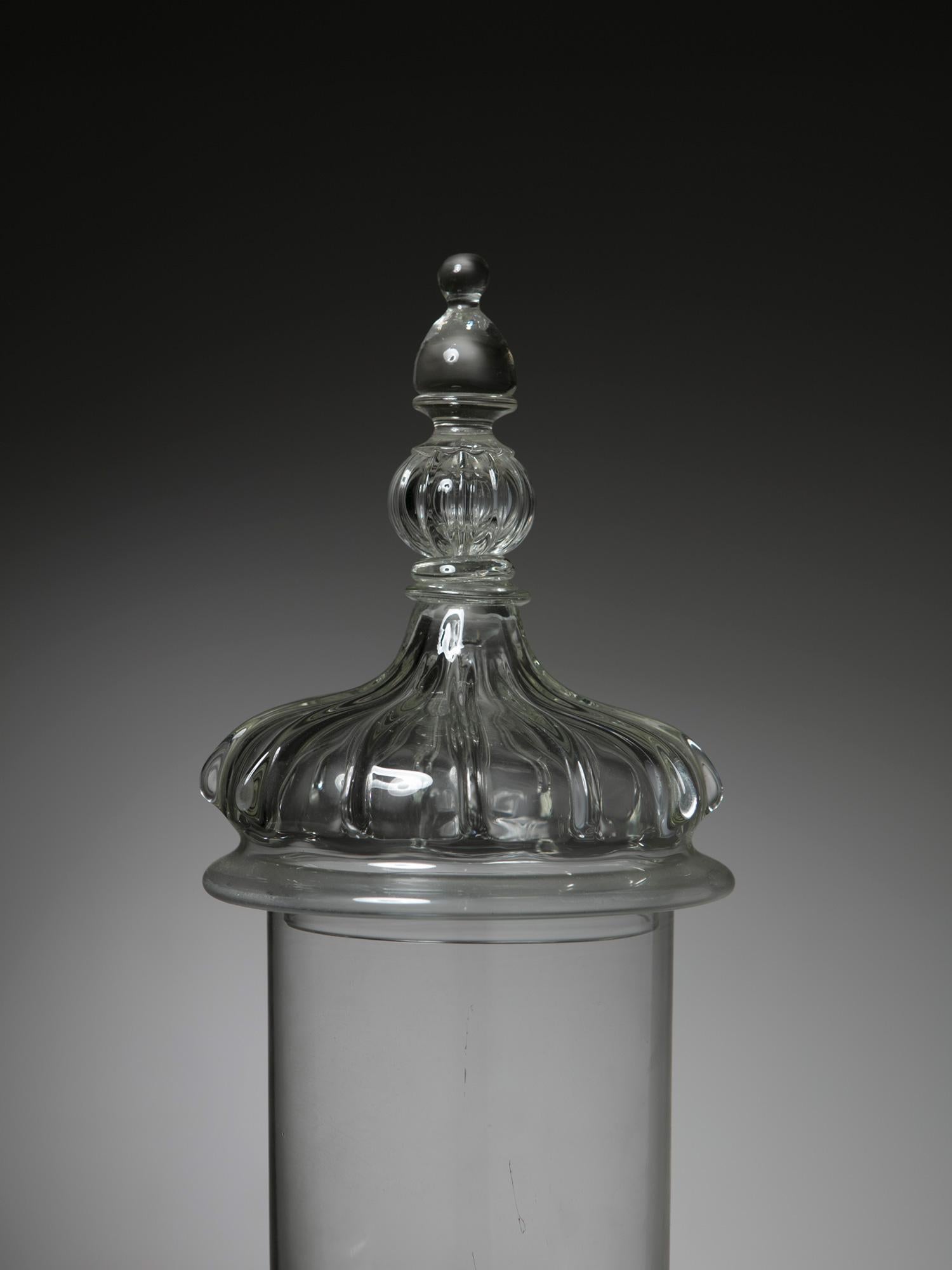 Delicate large glass vase with cap attributed to Veteria Vistosi.
  