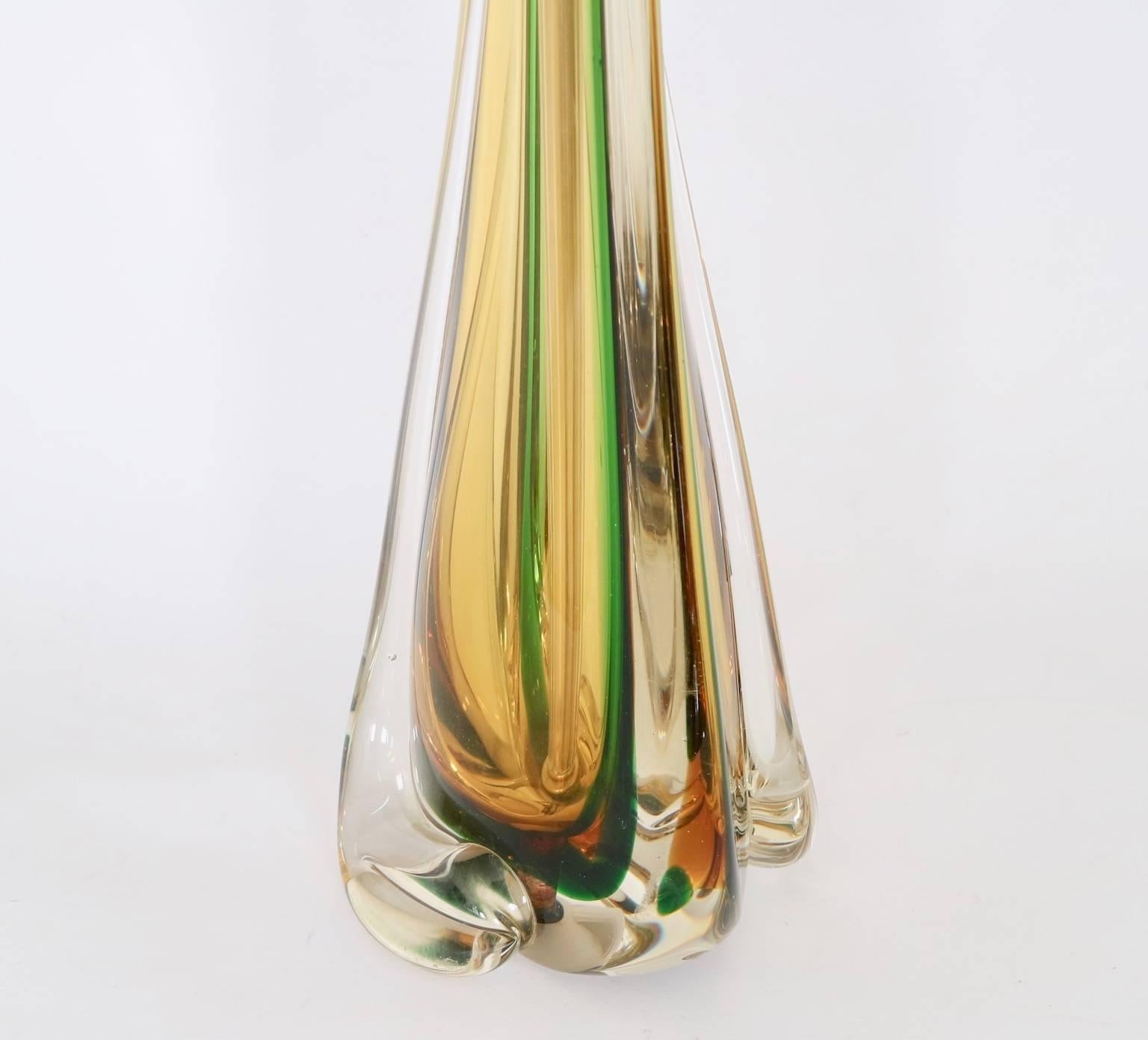 Hollywood Regency Murano Glass Lamp by Seguso in Green and Amber