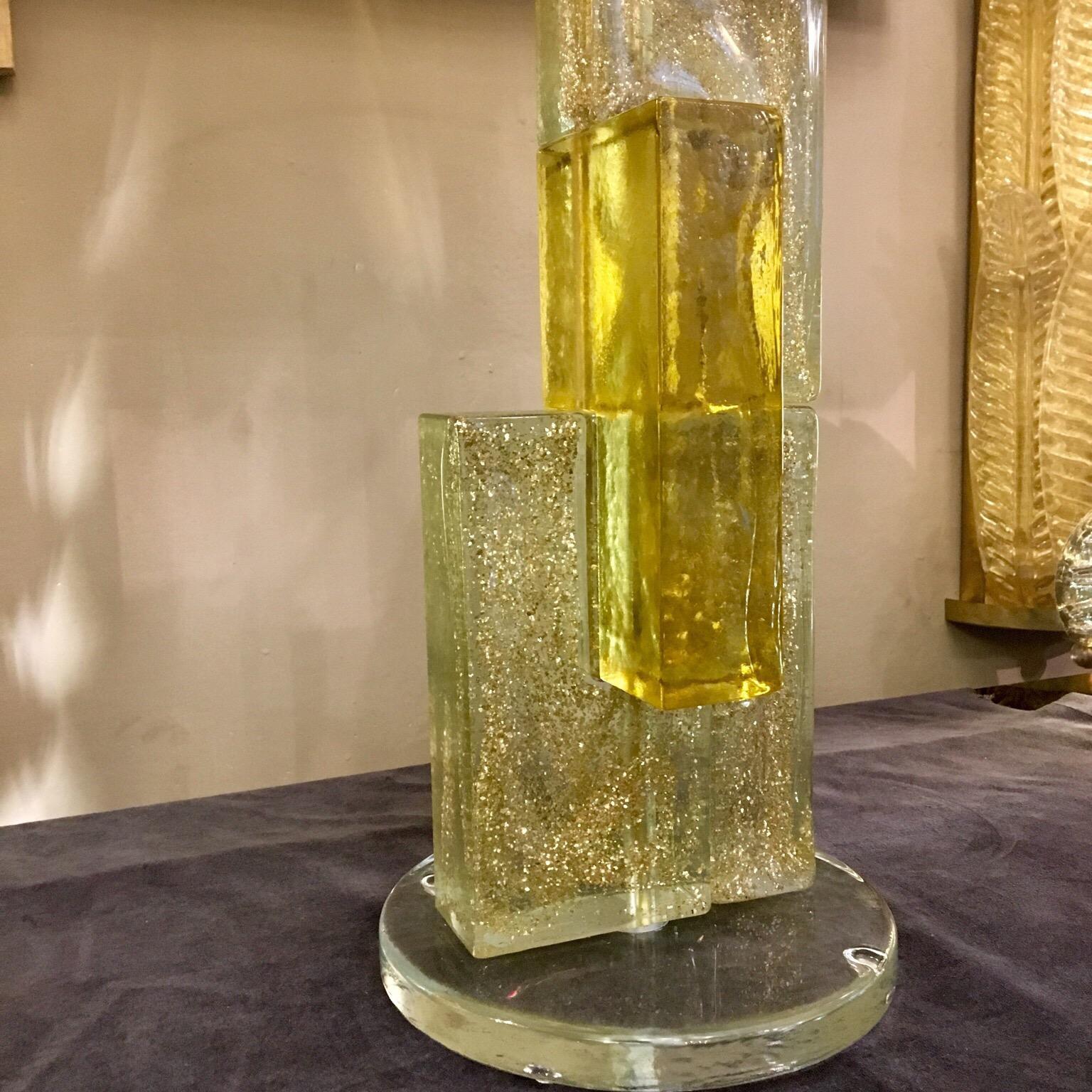 Murano Glass Lamp Clear Glass Infused with Gold Flecks, Brass Lampshade, 1970s 4