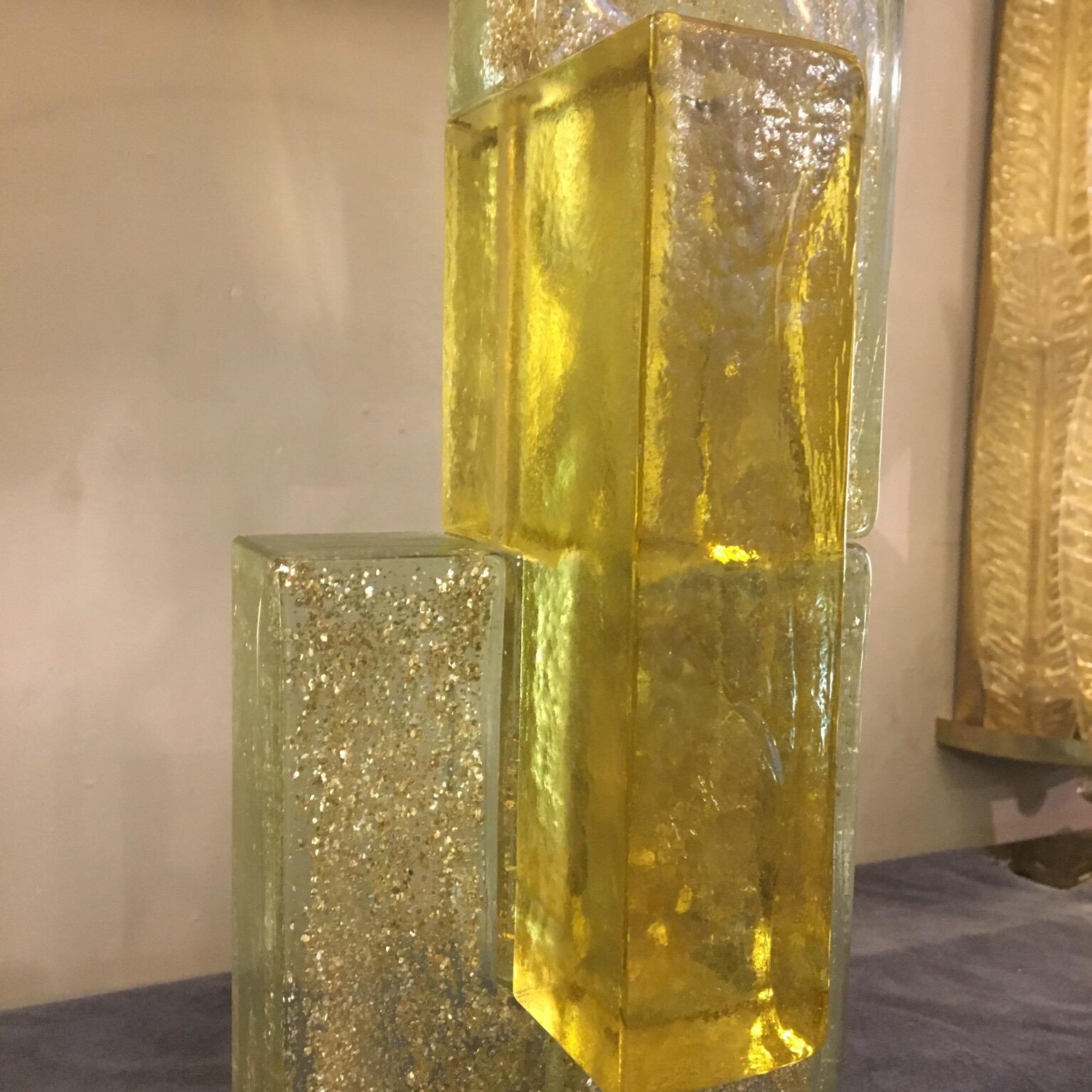 Murano Glass Lamp Clear Glass Infused with Gold Flecks, Brass Lampshade, 1970s 5