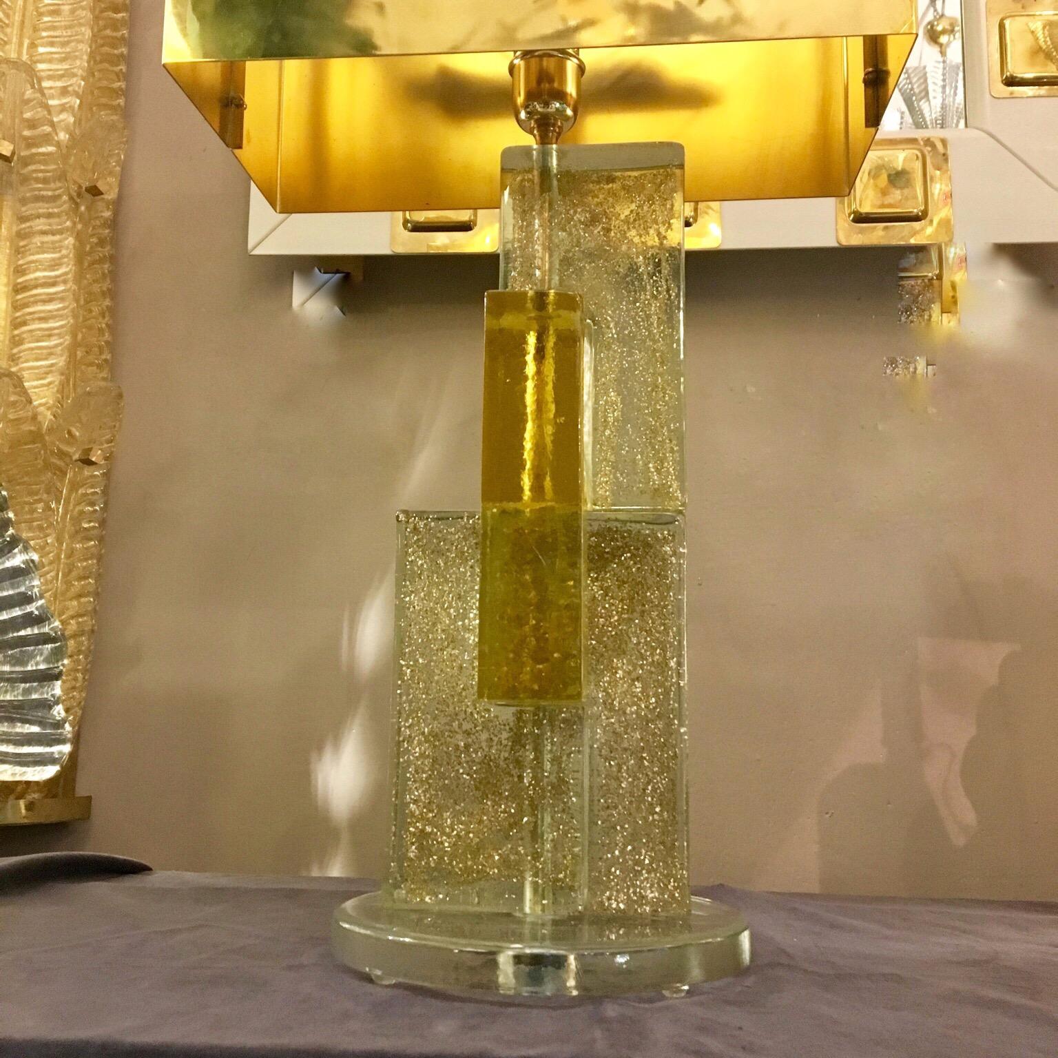 Modern Murano Glass Lamp Clear Glass Infused with Gold Flecks, Brass Lampshade, 1970s