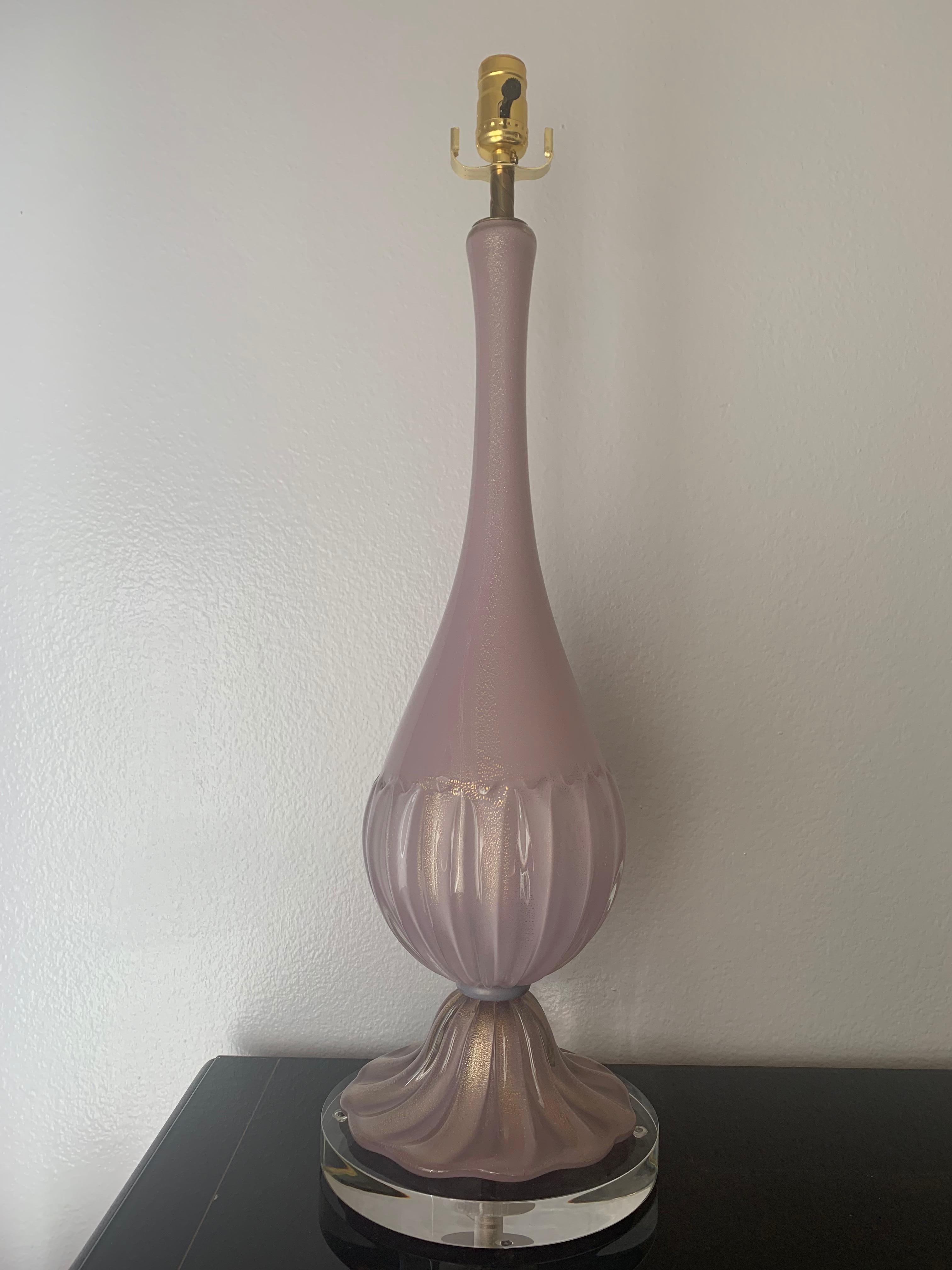 Murano glass lamp in lilic color with gold flecks.