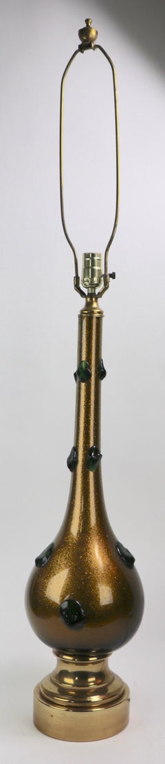Murano Glass Lamp with Gold Inclusion and Green Prunts