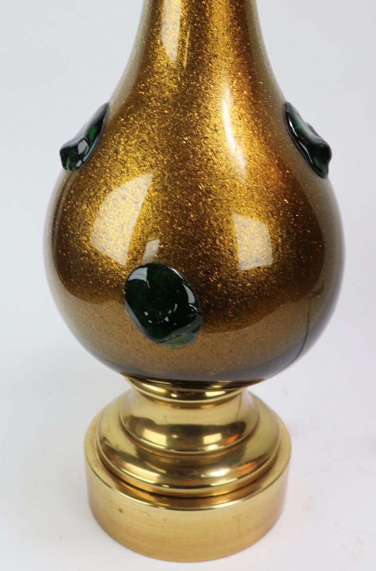 Italian Murano Glass Lamp with Gold Inclusion and Green Prunts For Sale