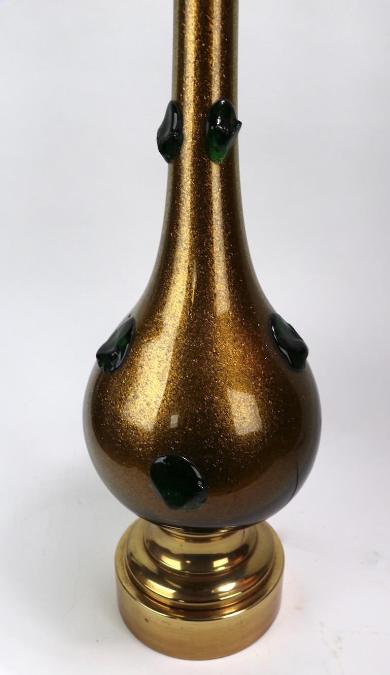 20th Century Murano Glass Lamp with Gold Inclusion and Green Prunts For Sale