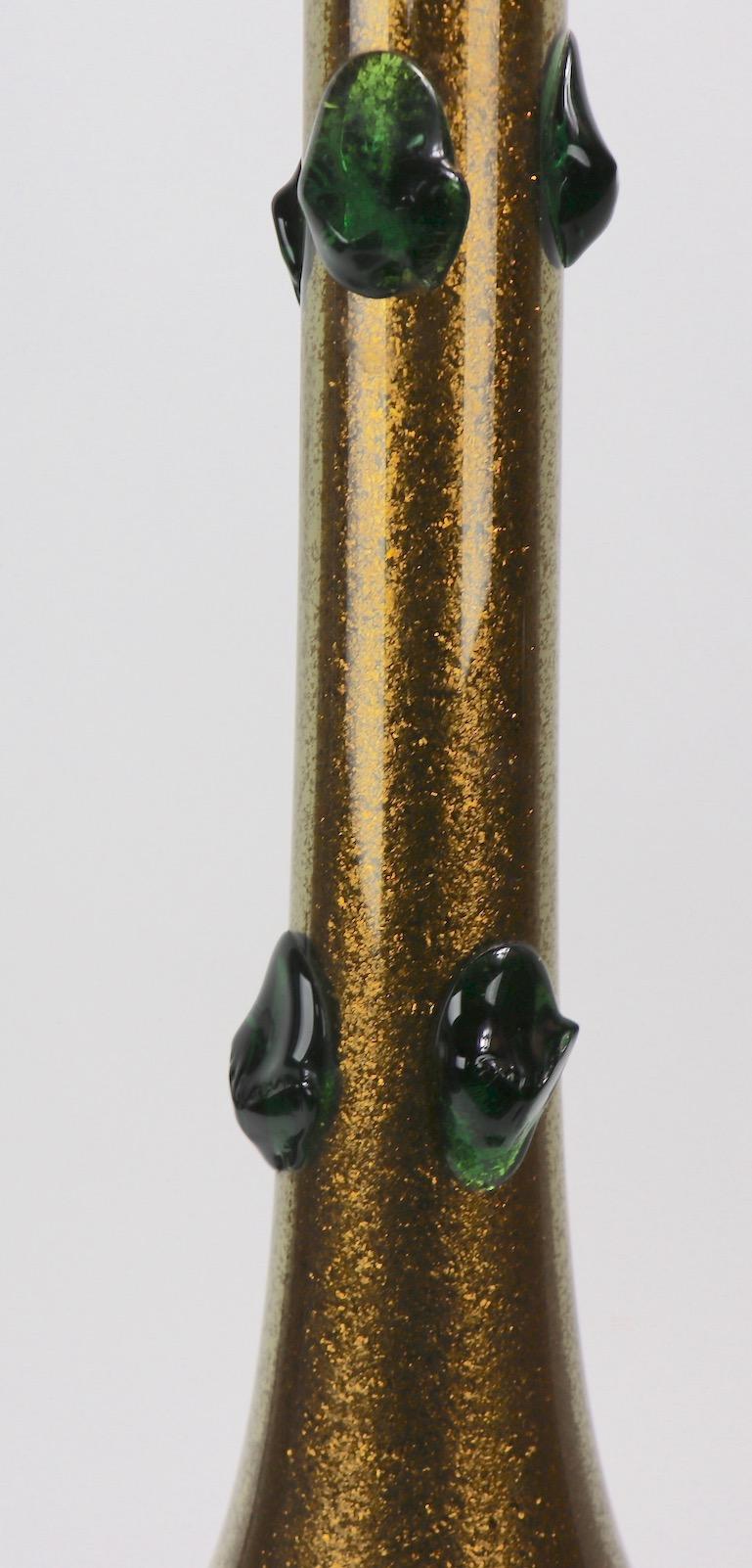 Murano Glass Lamp with Gold Inclusion and Green Prunts For Sale 1