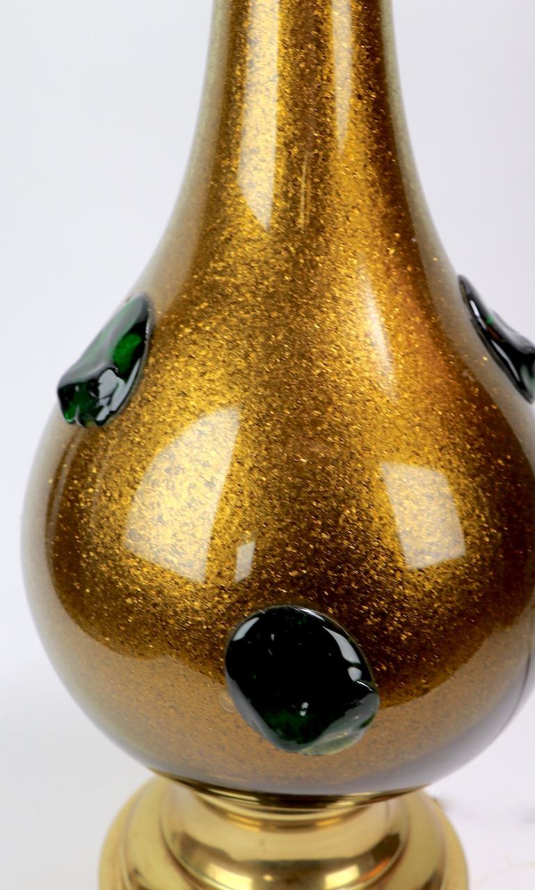 Murano Glass Lamp with Gold Inclusion and Green Prunts For Sale 2