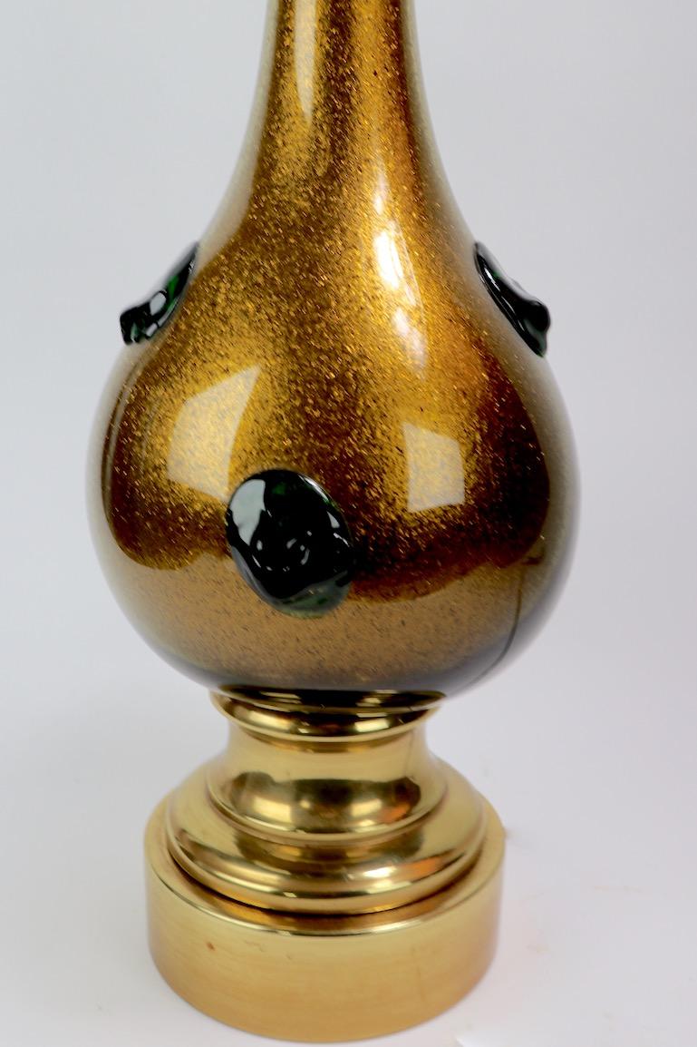Murano Glass Lamp with Gold Inclusion and Green Prunts For Sale 3