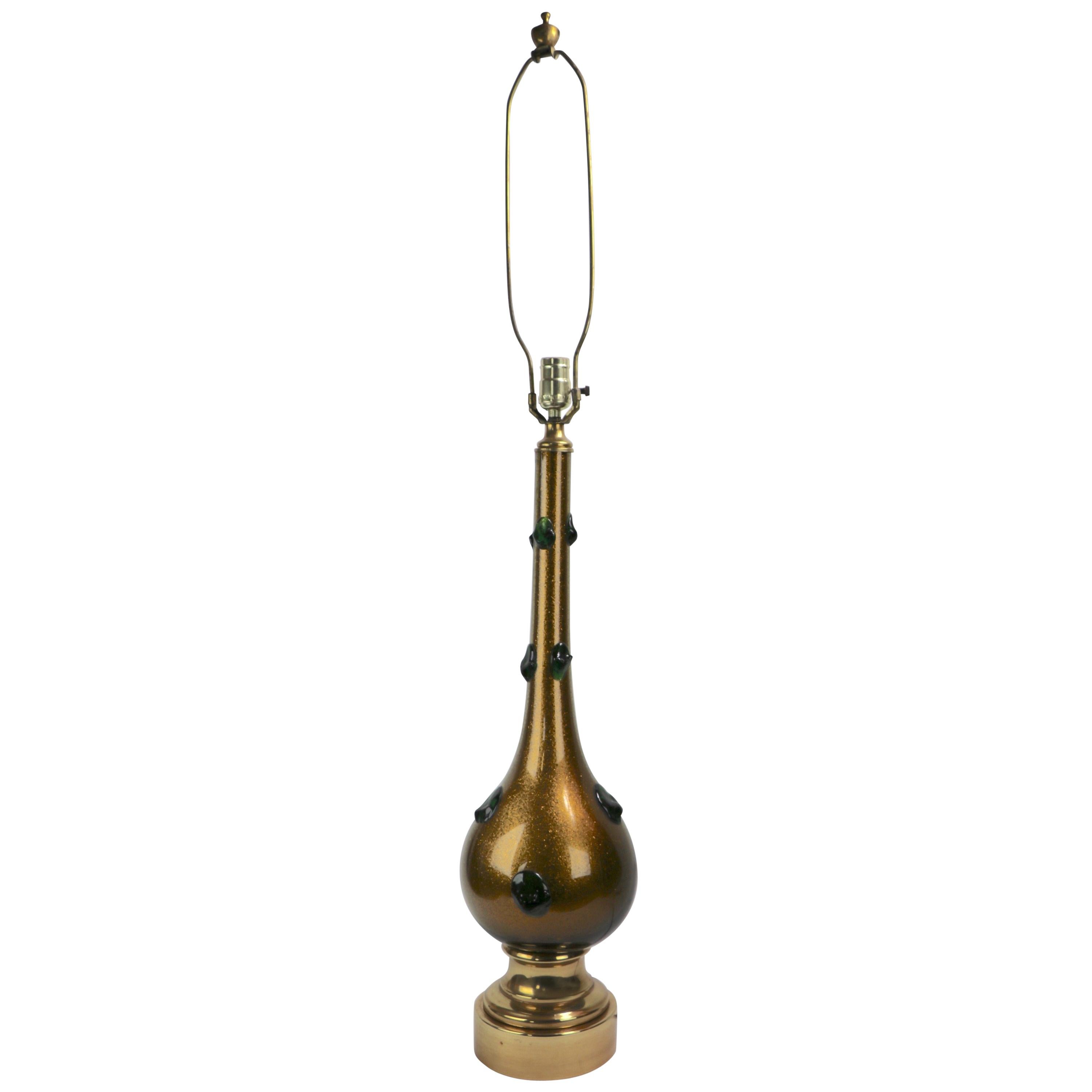 Murano Glass Lamp with Gold Inclusion and Green Prunts