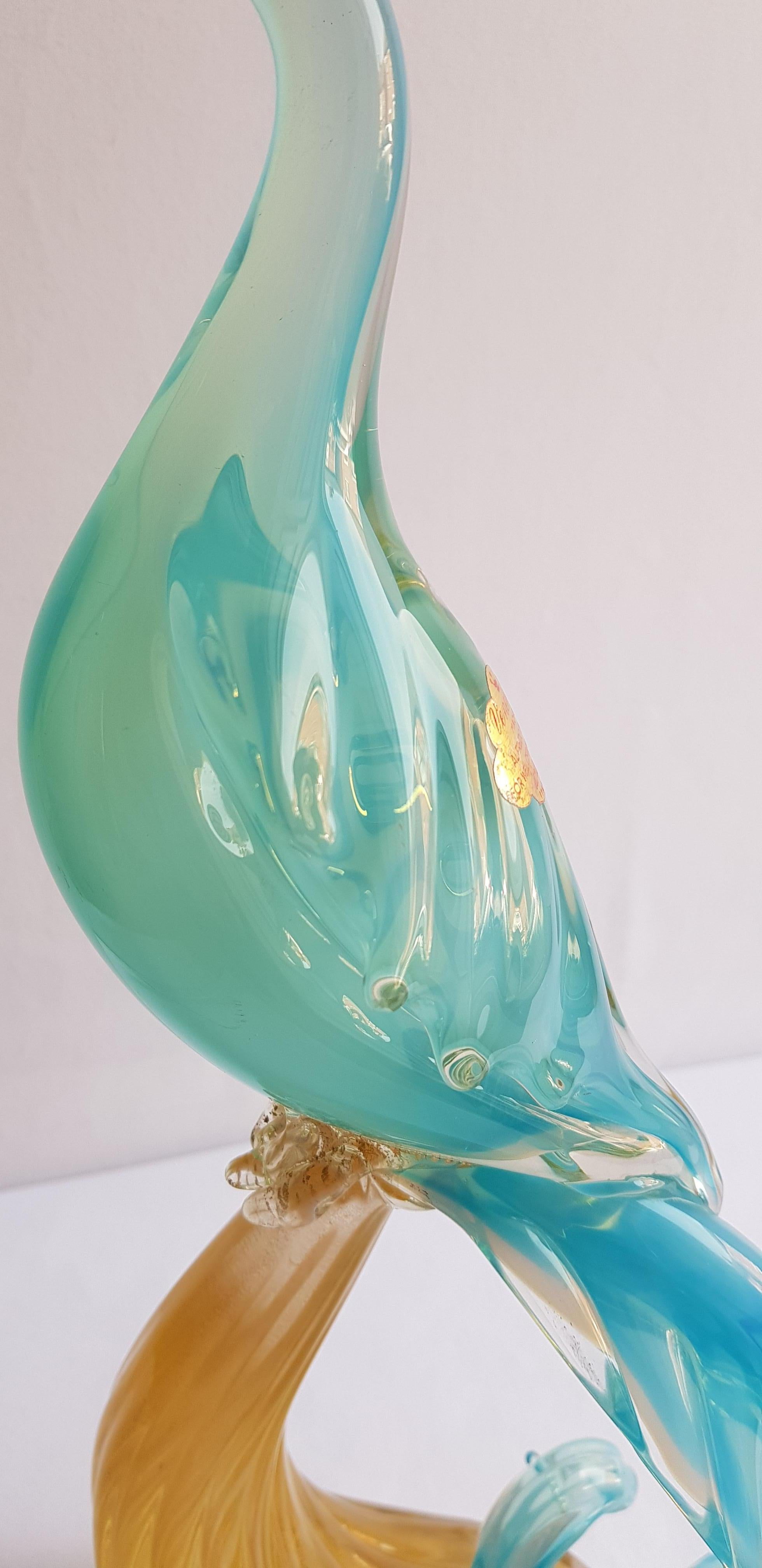 Murano Glass Large Blue Opal Paradise Bird with Gold Leaf by Alfredo Barbini For Sale 2