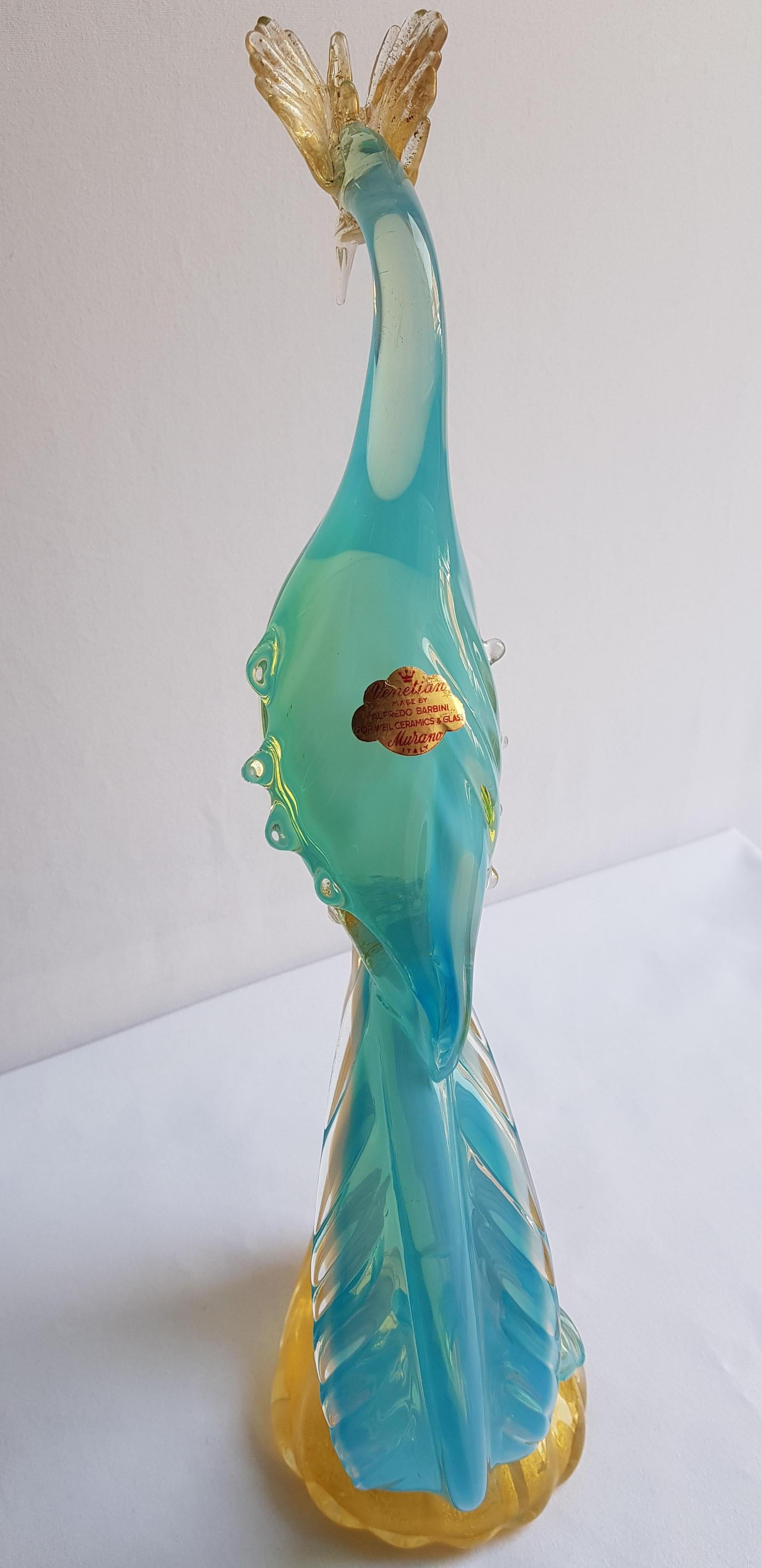 Murano Glass Large Blue Opal Paradise Bird with Gold Leaf by Alfredo Barbini For Sale 4