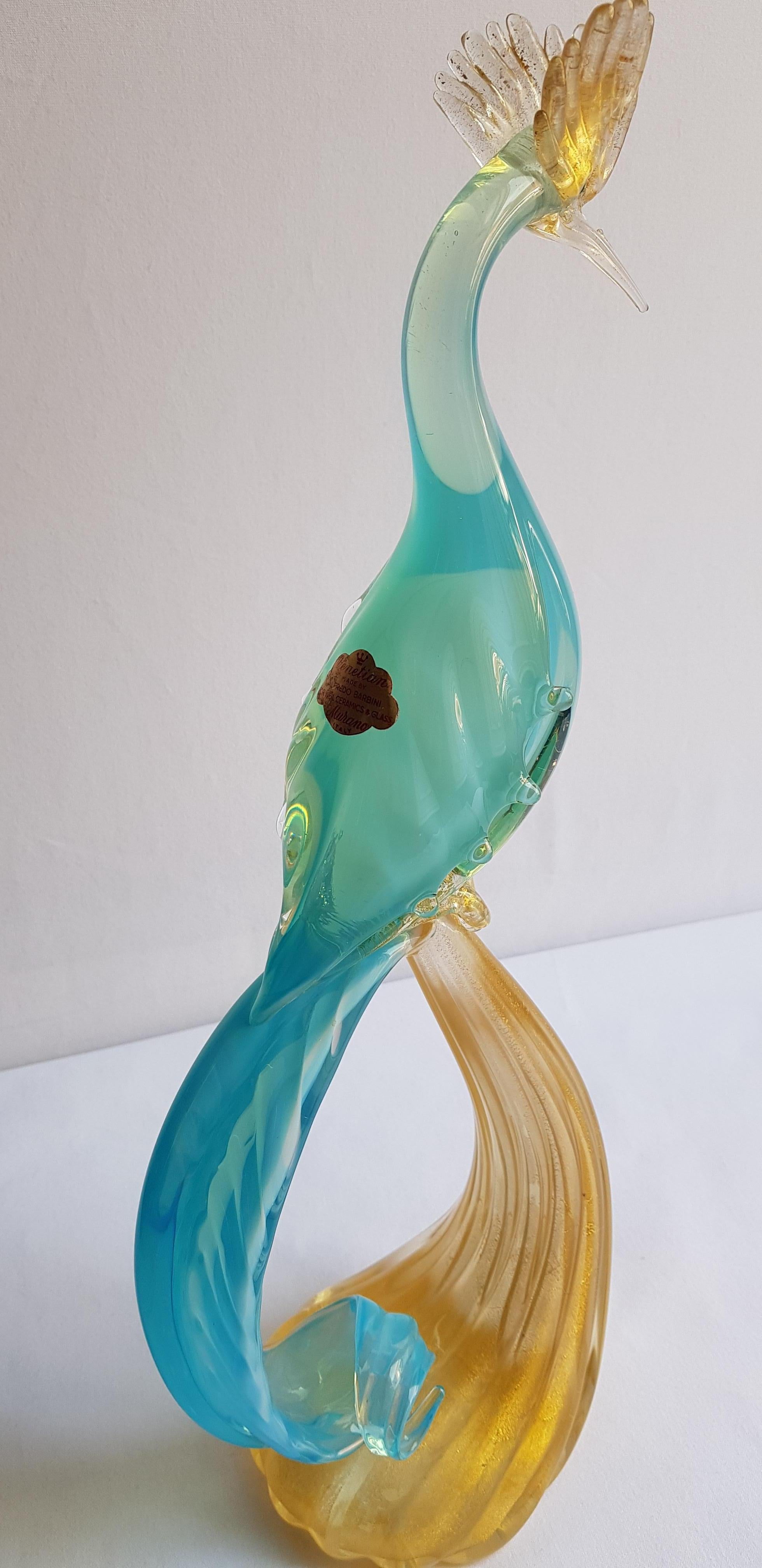 Murano Glass Large Blue Opal Paradise Bird with Gold Leaf by Alfredo Barbini For Sale 7