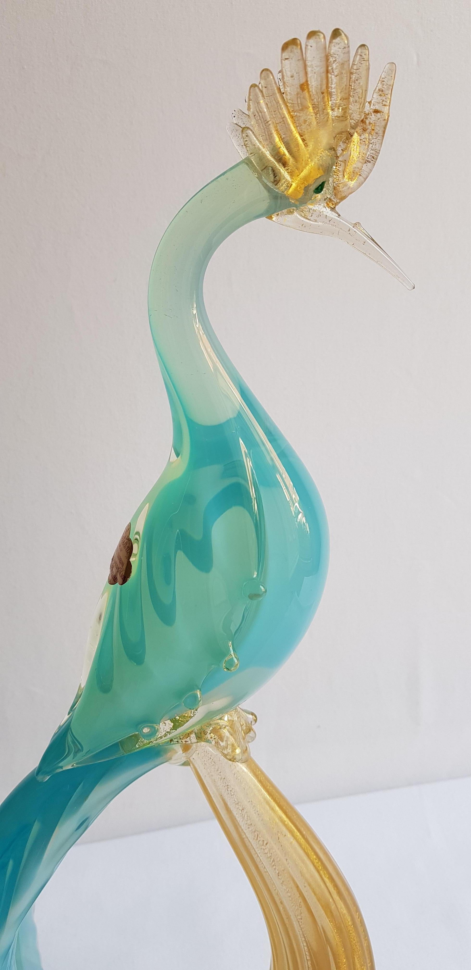 Art Deco Murano Glass Large Blue Opal Paradise Bird with Gold Leaf by Alfredo Barbini For Sale
