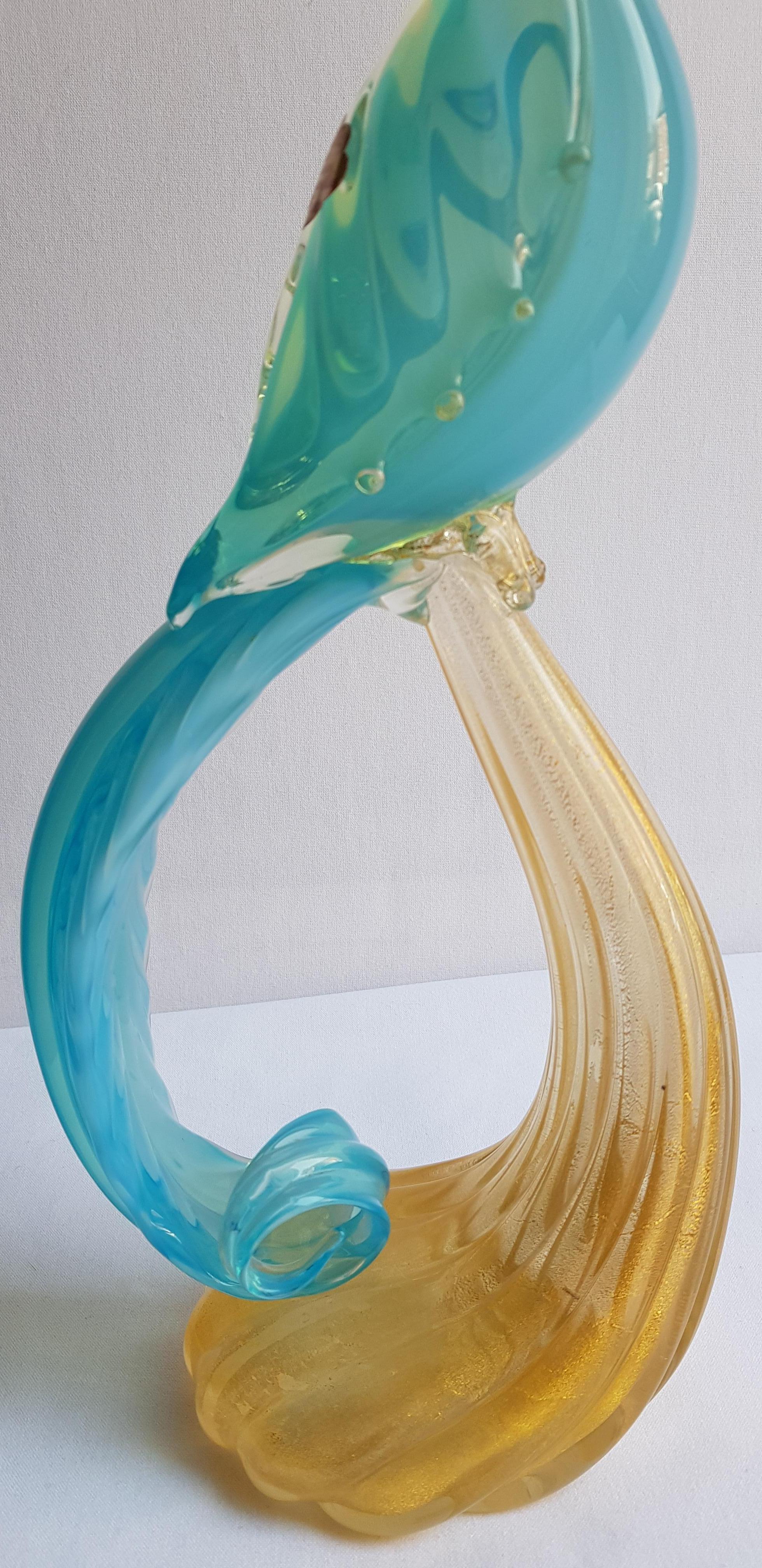Italian Murano Glass Large Blue Opal Paradise Bird with Gold Leaf by Alfredo Barbini For Sale