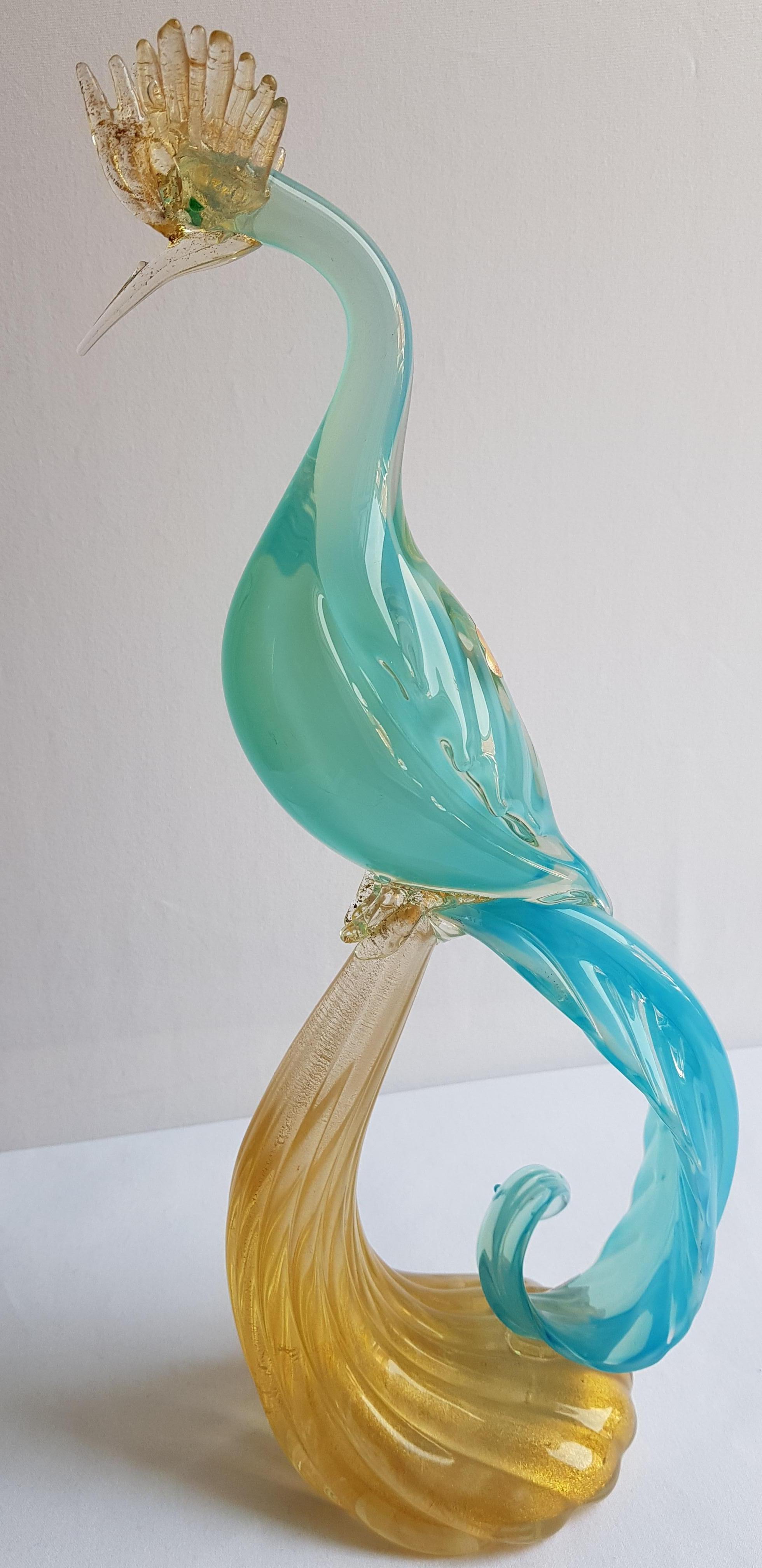 Hand-Crafted Murano Glass Large Blue Opal Paradise Bird with Gold Leaf by Alfredo Barbini For Sale