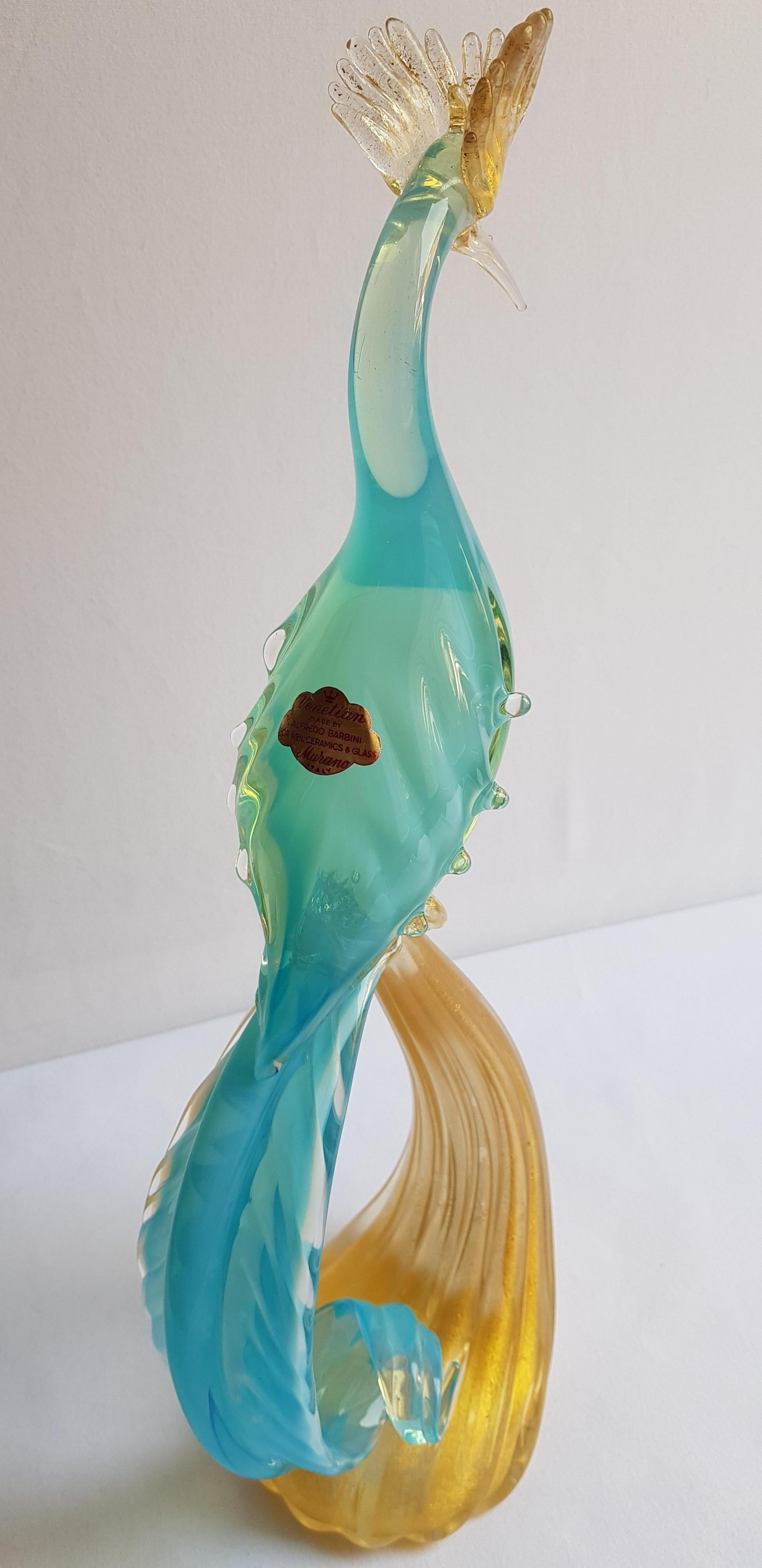 Murano Glass Large Blue Opal Paradise Bird with Gold Leaf by Alfredo Barbini In Excellent Condition For Sale In Grantham, GB