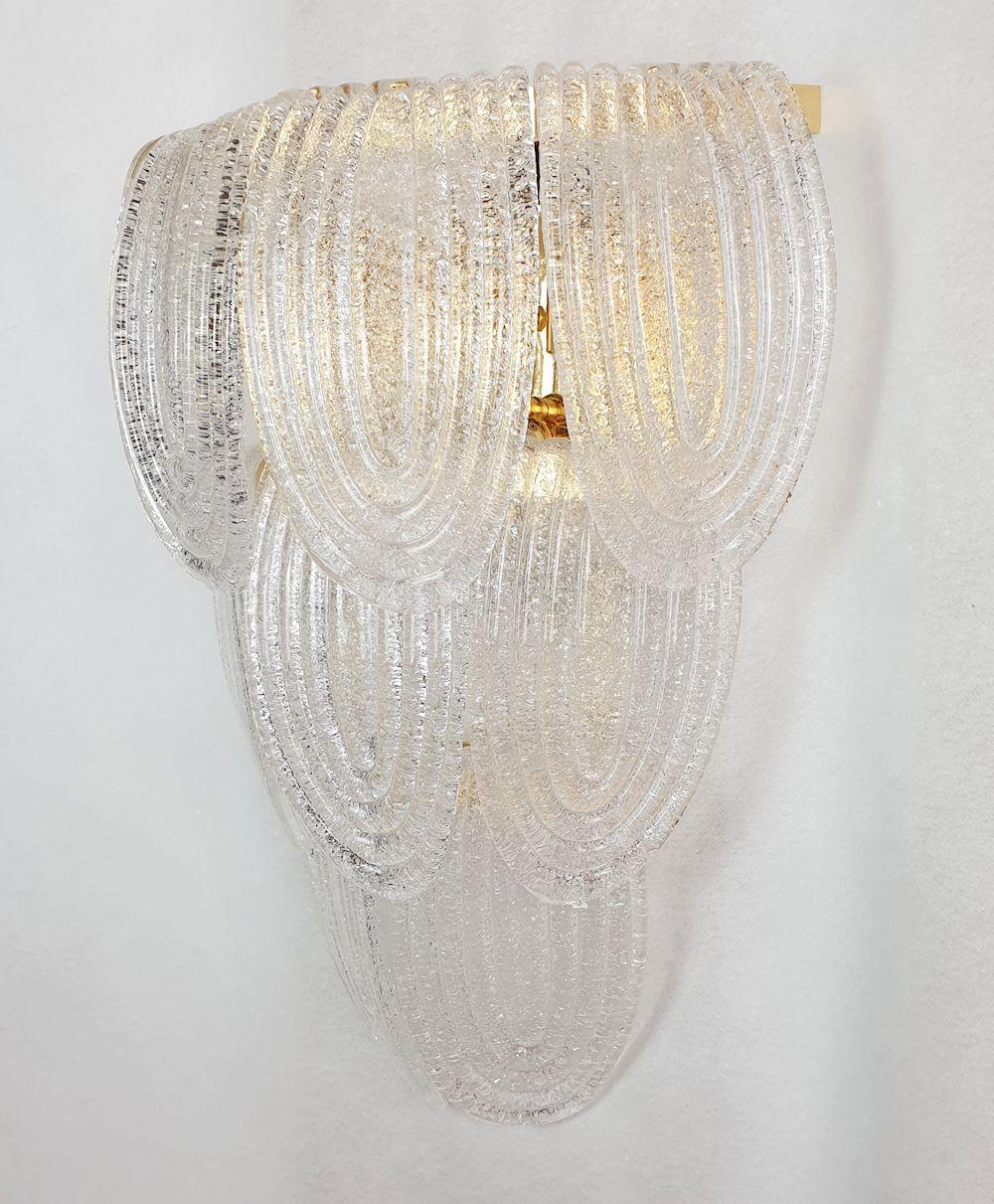 Gold Plate Clear Murano Glass Large Sconces - a pair For Sale