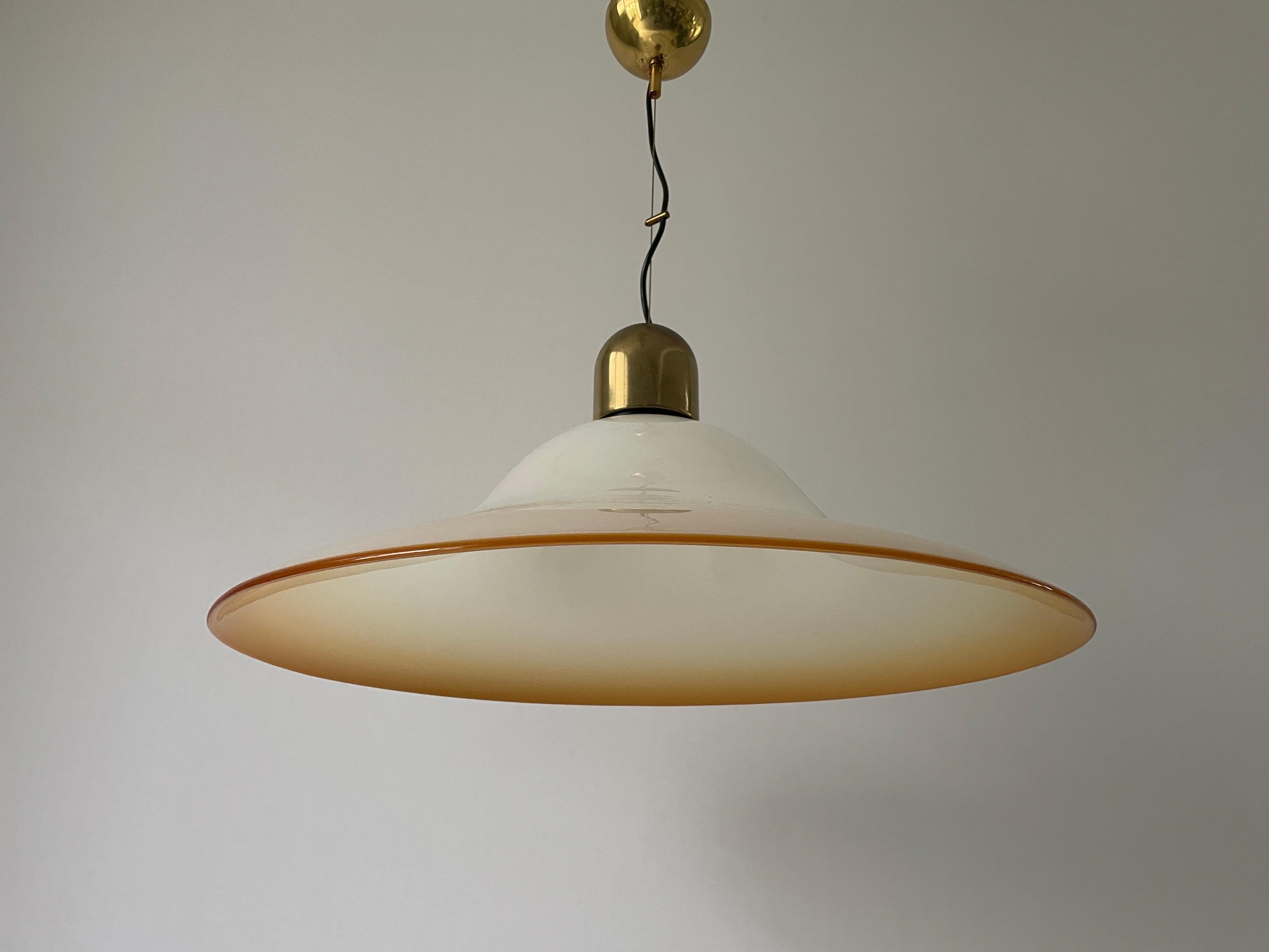 Murano Glass Large Suspension Ceiling Lamp, 1960s, Italy

Lampshade is in very good vintage condition.

This lamp works with E27 light bulbs. 
Wired and suitable to use with 220V and 110V for all countries.

Measurements:
Diameter: 69 cm
Height: 20