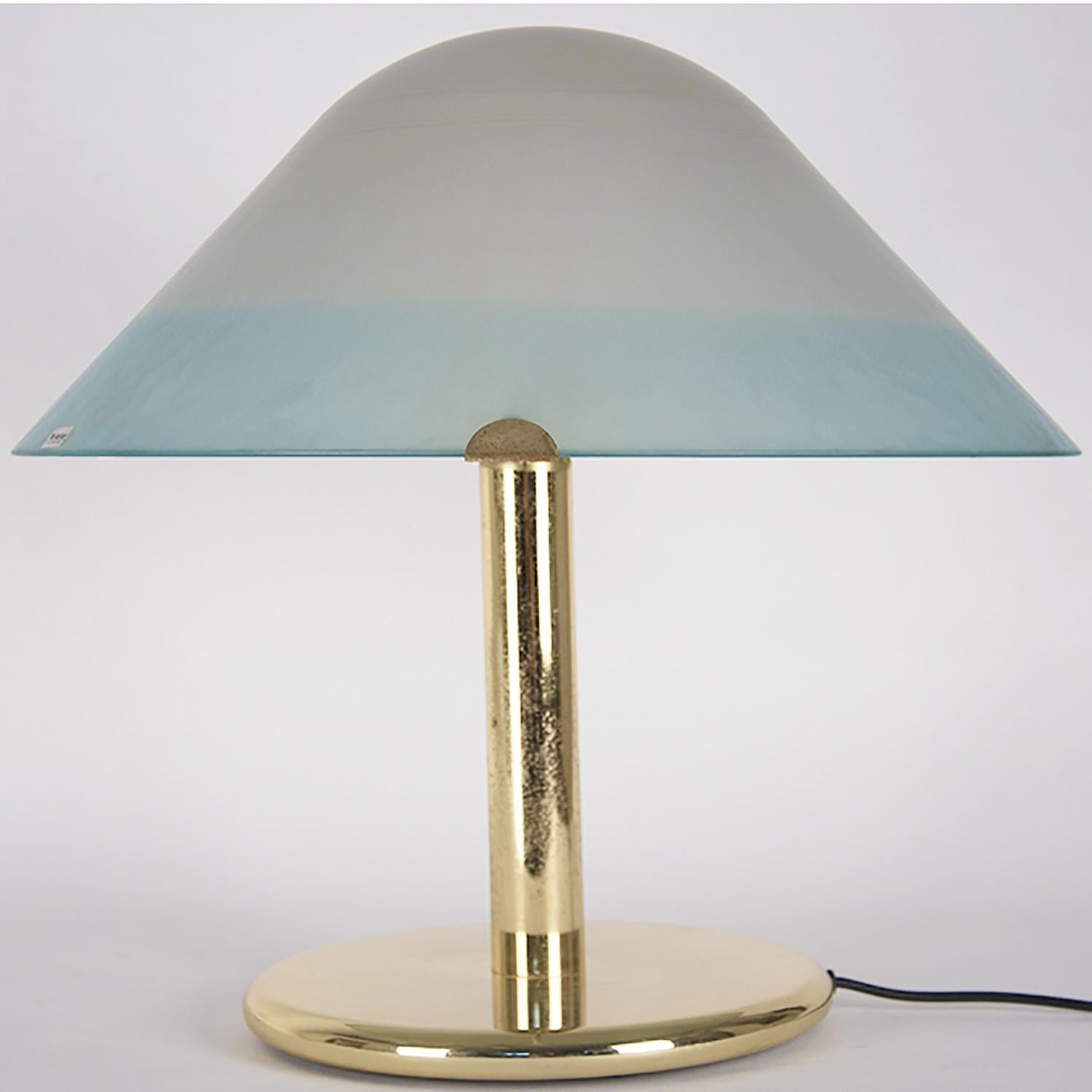 Ve Art, Murano, large 1970s double color shade table lamp. Brass structure and heavy frosted blue shading to clear glass. Glass is in mint condition, few oxidations on the brass stem.