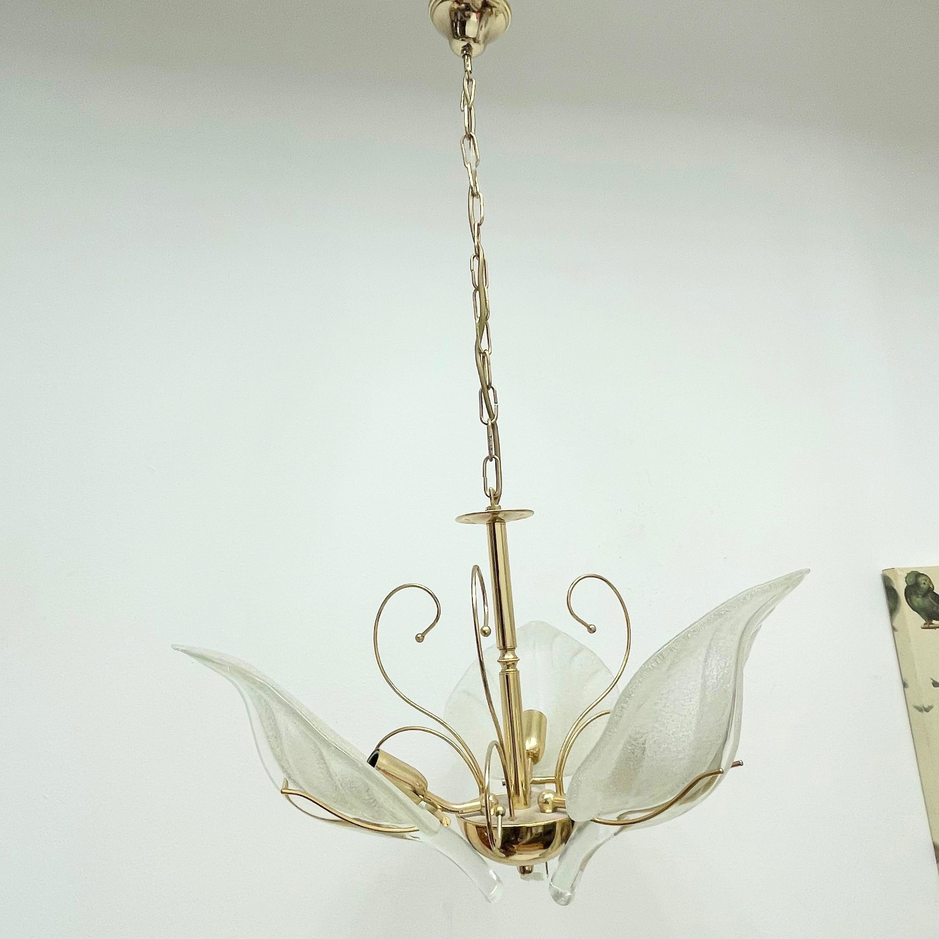 Hollywood Regency Murano Glass Leaf and Brass Chandelier by Massive Leuchten Germany, 1960s 