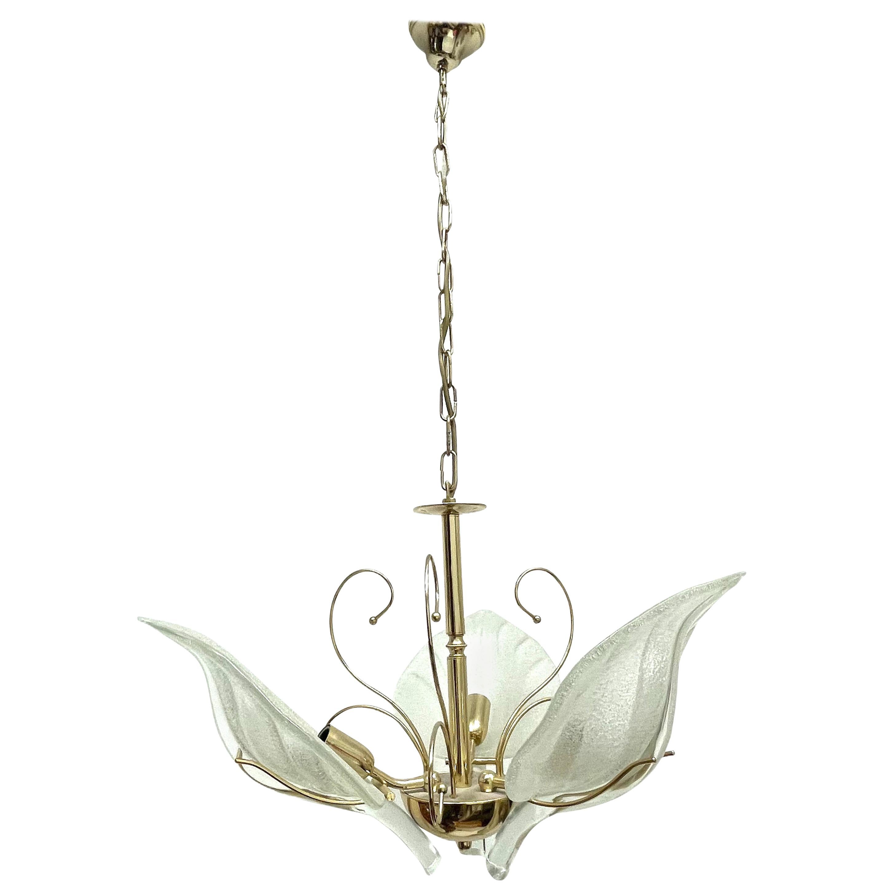 Murano Glass Leaf and Brass Chandelier by Massive Leuchten Germany, 1960s 
