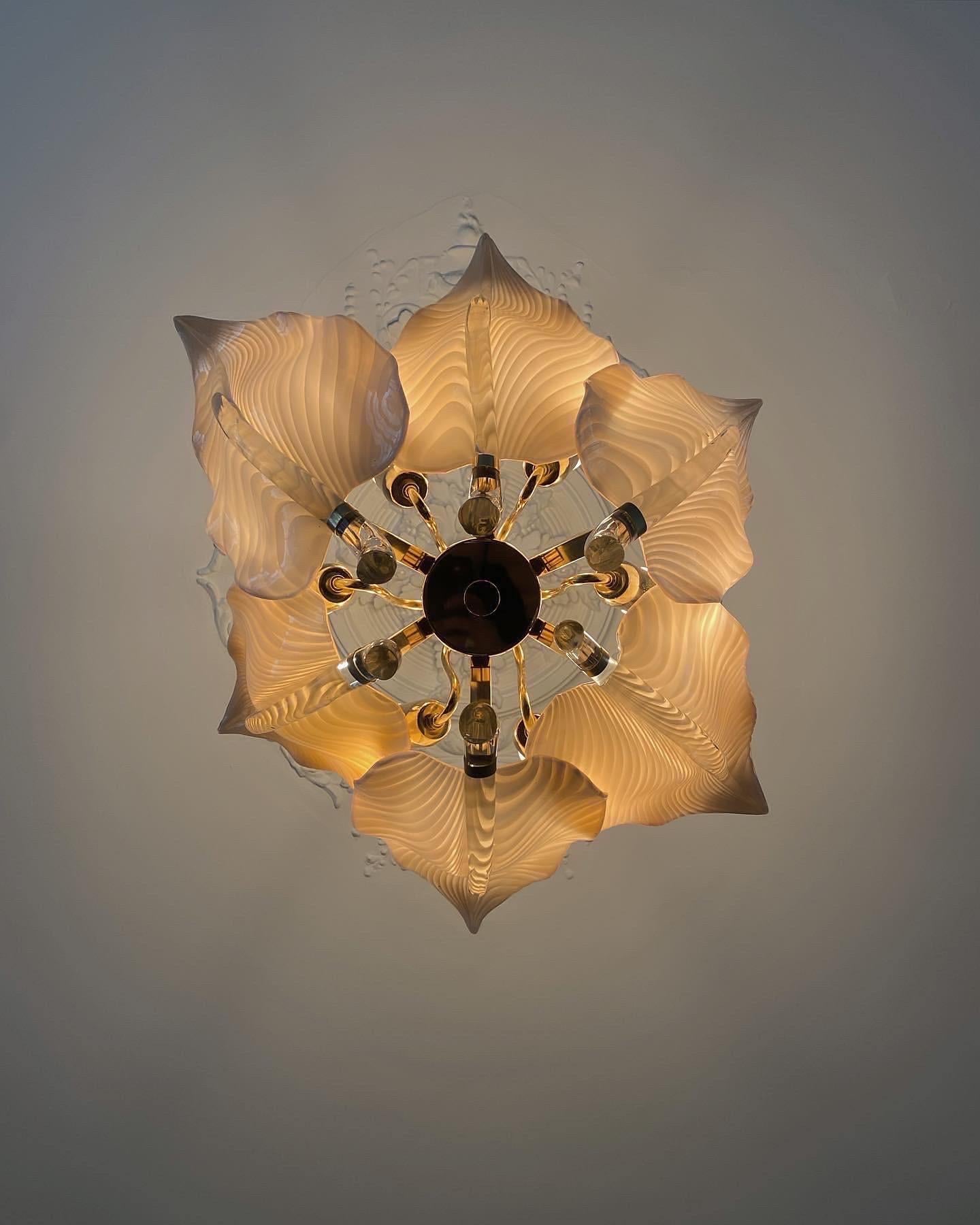 Mid-Century Modern Italian Murano flower like chandelier, designed by Franco Luce. Incredibly well made chandelier in Brass and Murano glass gives a warm and elegant light to any room. Disassembles for easy shipping.