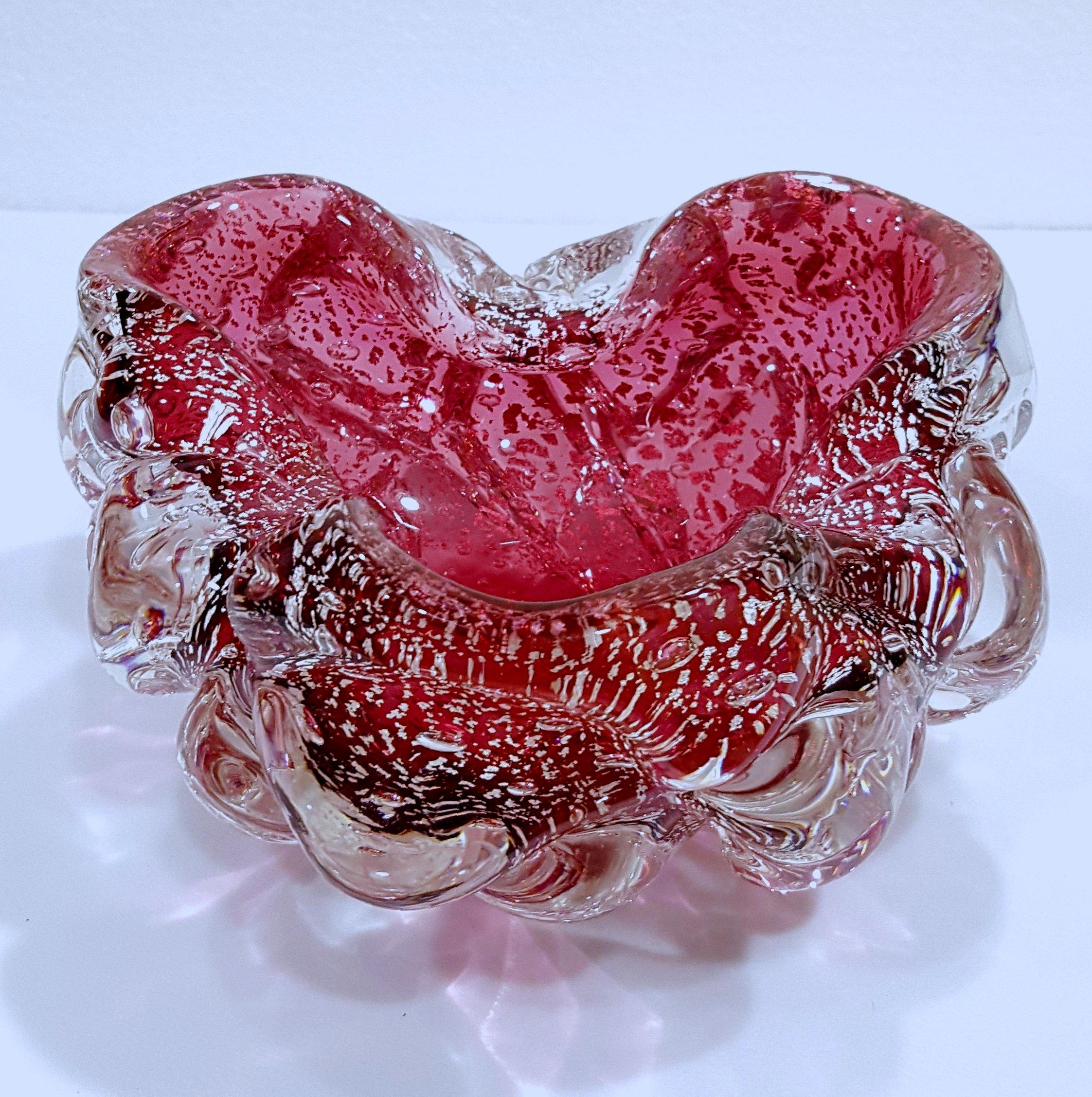 Mid-Century Modern Murano Glass Lenti Bowl, Huge Silver-Flecked Raspberry. Amazing! 