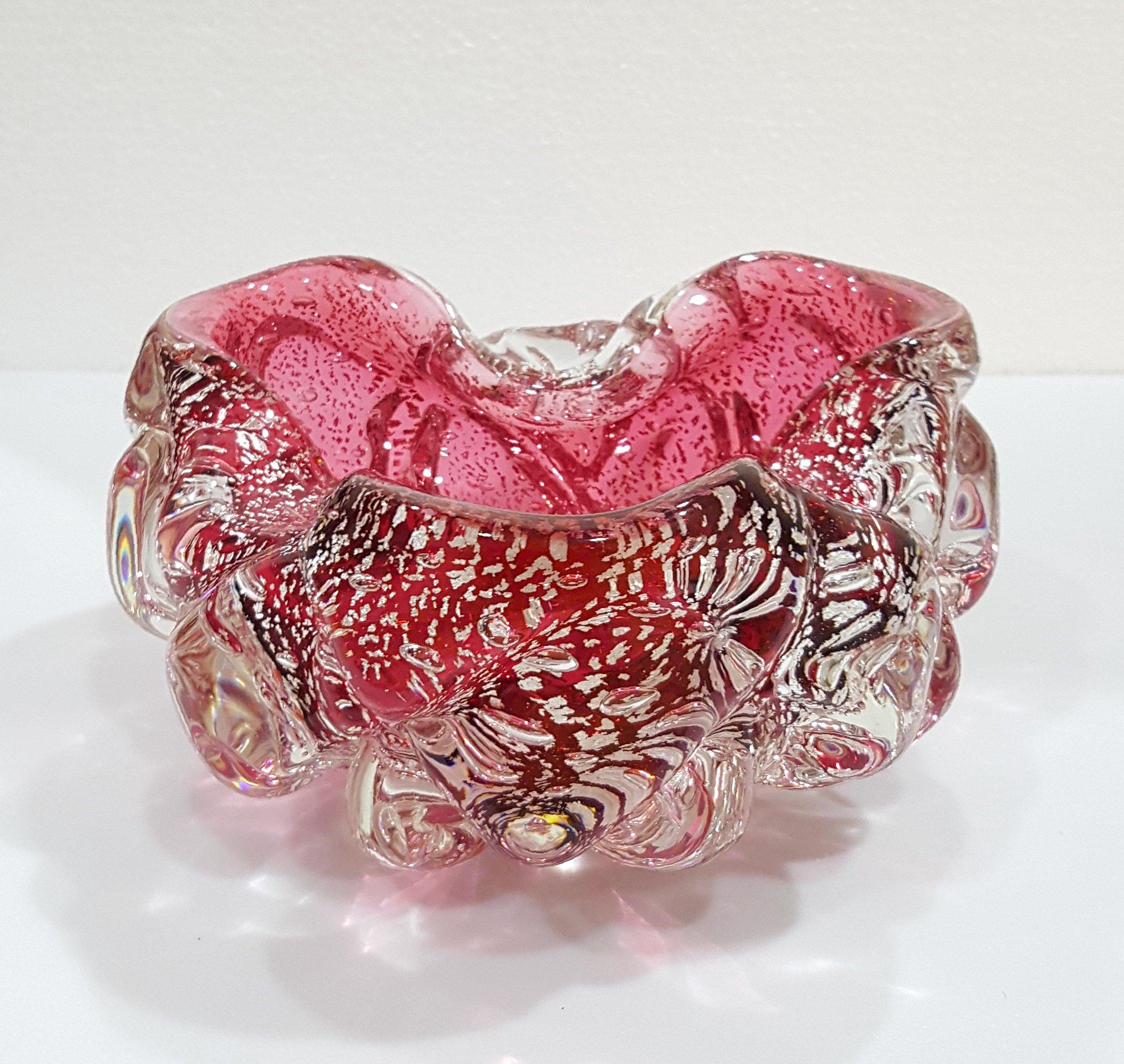 Murano Glass Lenti Bowl, Huge Silver-Flecked Raspberry. Amazing!  1