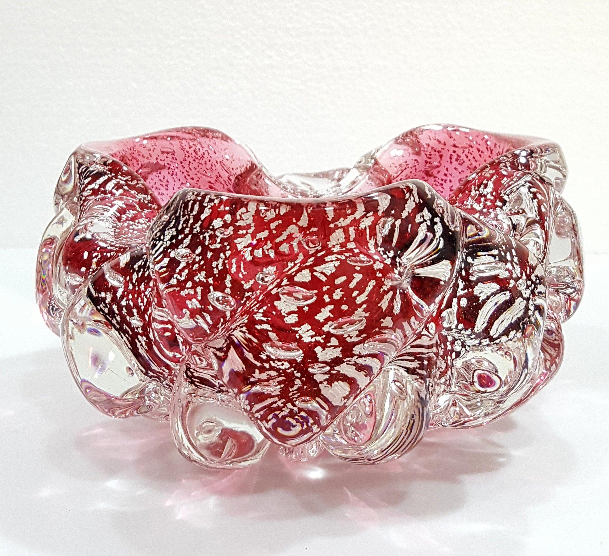 Murano Glass Lenti Bowl, Huge Silver-Flecked Raspberry. Amazing!  2