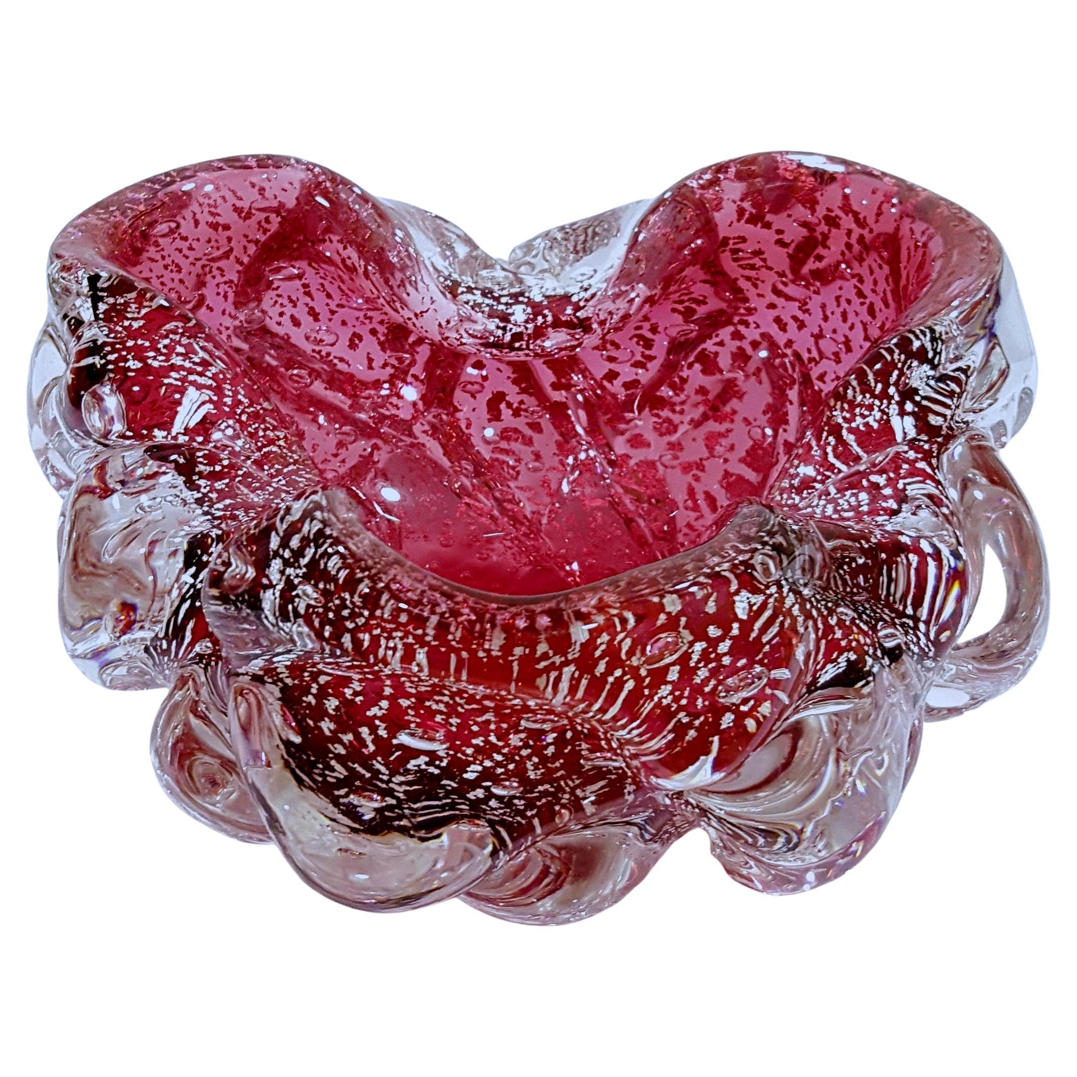 Murano Glass Lenti Bowl, Huge Silver-Flecked Raspberry. Amazing! 
Nice vintage condition. We found no chips or cracks.
Vintage Murano Glass Lenti  Bowl with Bullicante (controlled bubbles) encased in the glass.  Raspberry color with abundant silver