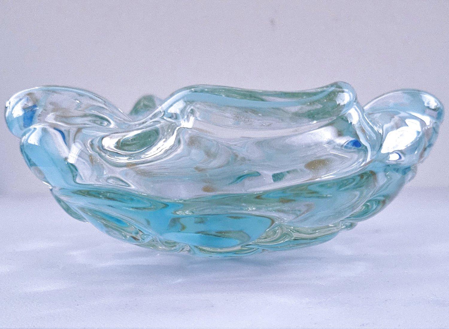 Lenti-Schale aus Murano-Glas mit blauem Wirbel und goldenen Polveri, von Fratelli Toso (Moderne der Mitte des Jahrhunderts) im Angebot