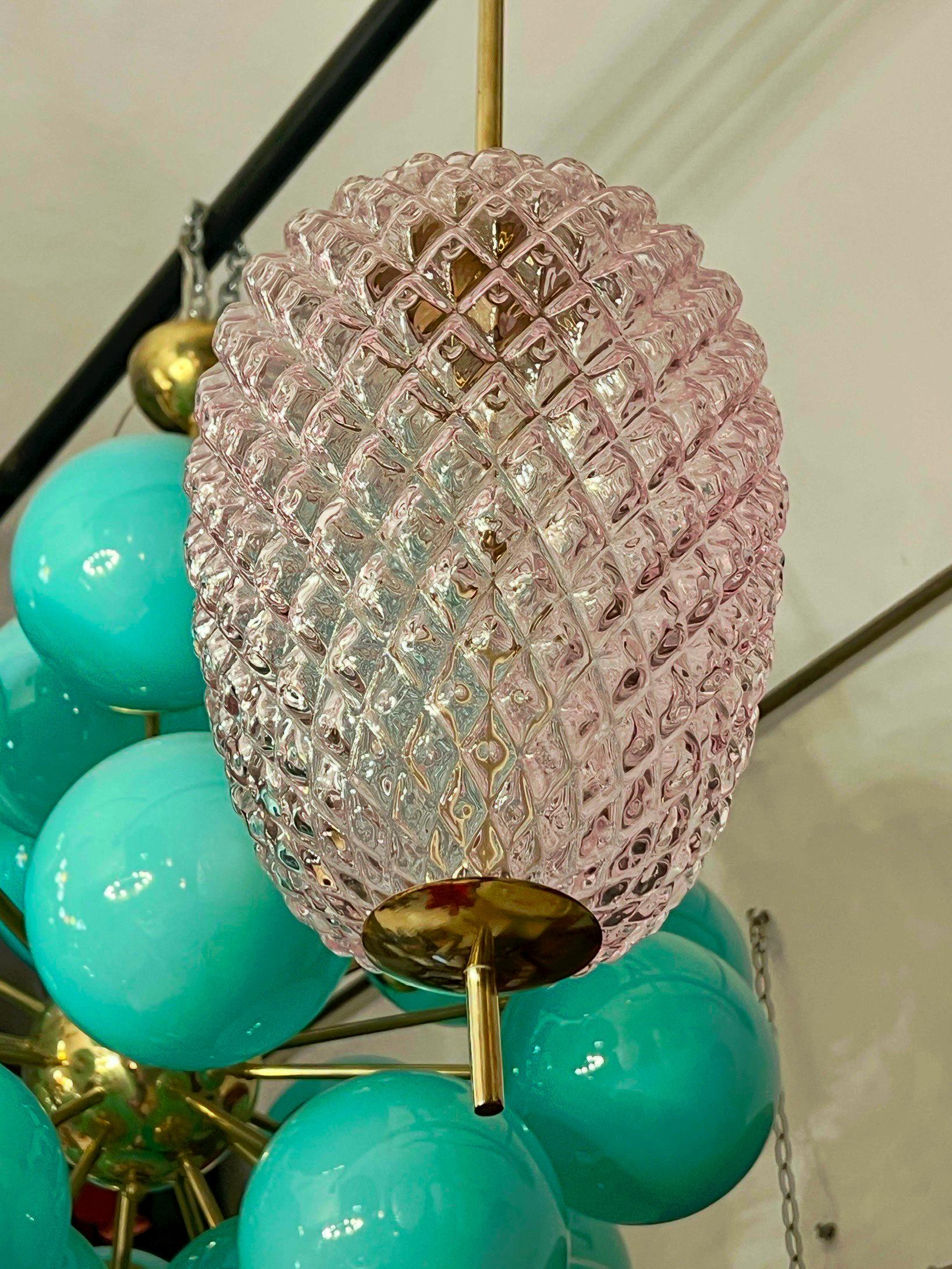 Lampade a sospensione in vetro di Murano rosa lilla con struttura in ottone, anni '80 in vendita 4