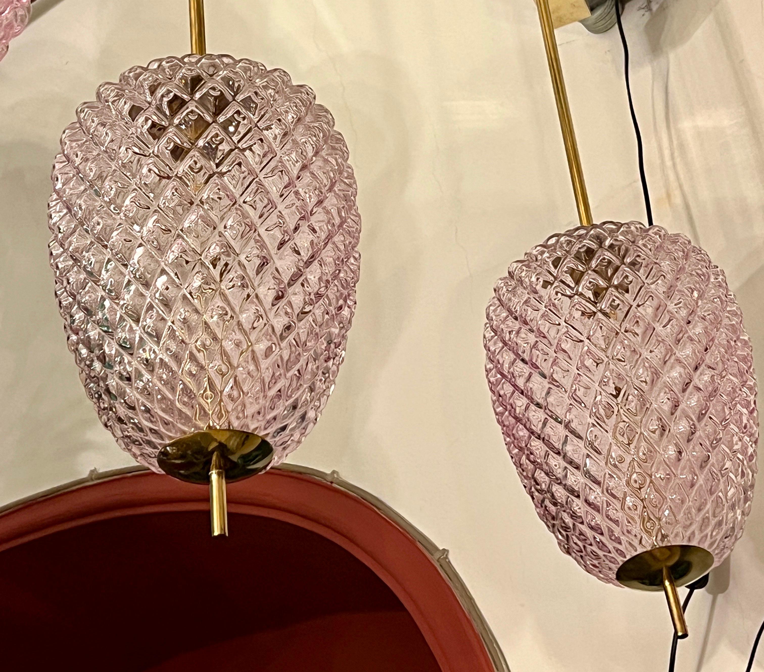 Lampade a sospensione in vetro di Murano rosa lilla con struttura in ottone, anni '80 in vendita 2