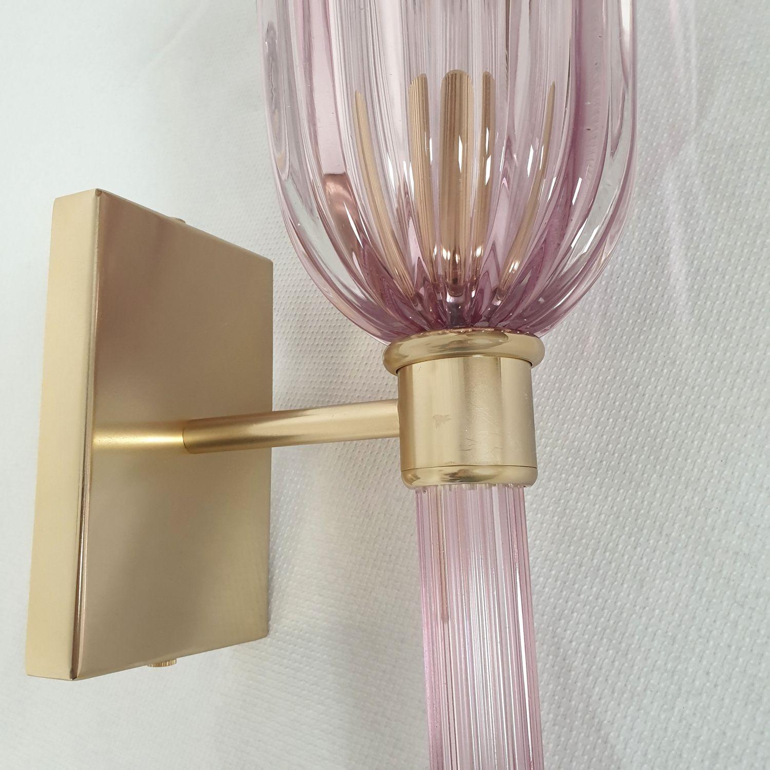 Brass Murano Glass Lilac Sconces Venini Style, Mid-Century Modern, Pair