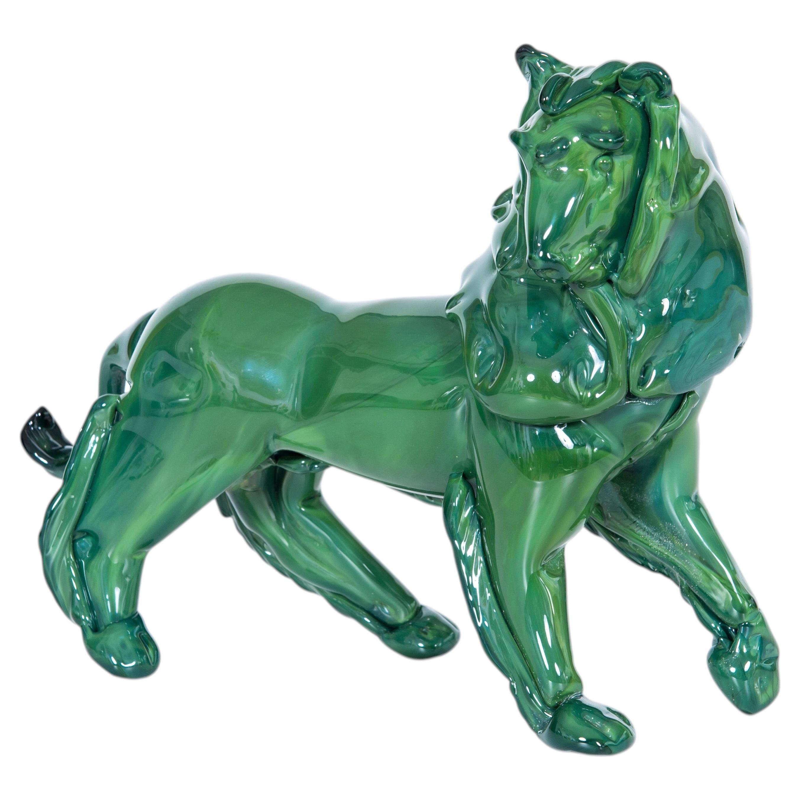 Murano Glass Lion Sculpture in Emerald Malachite Green by Giovanni Dalla Fina