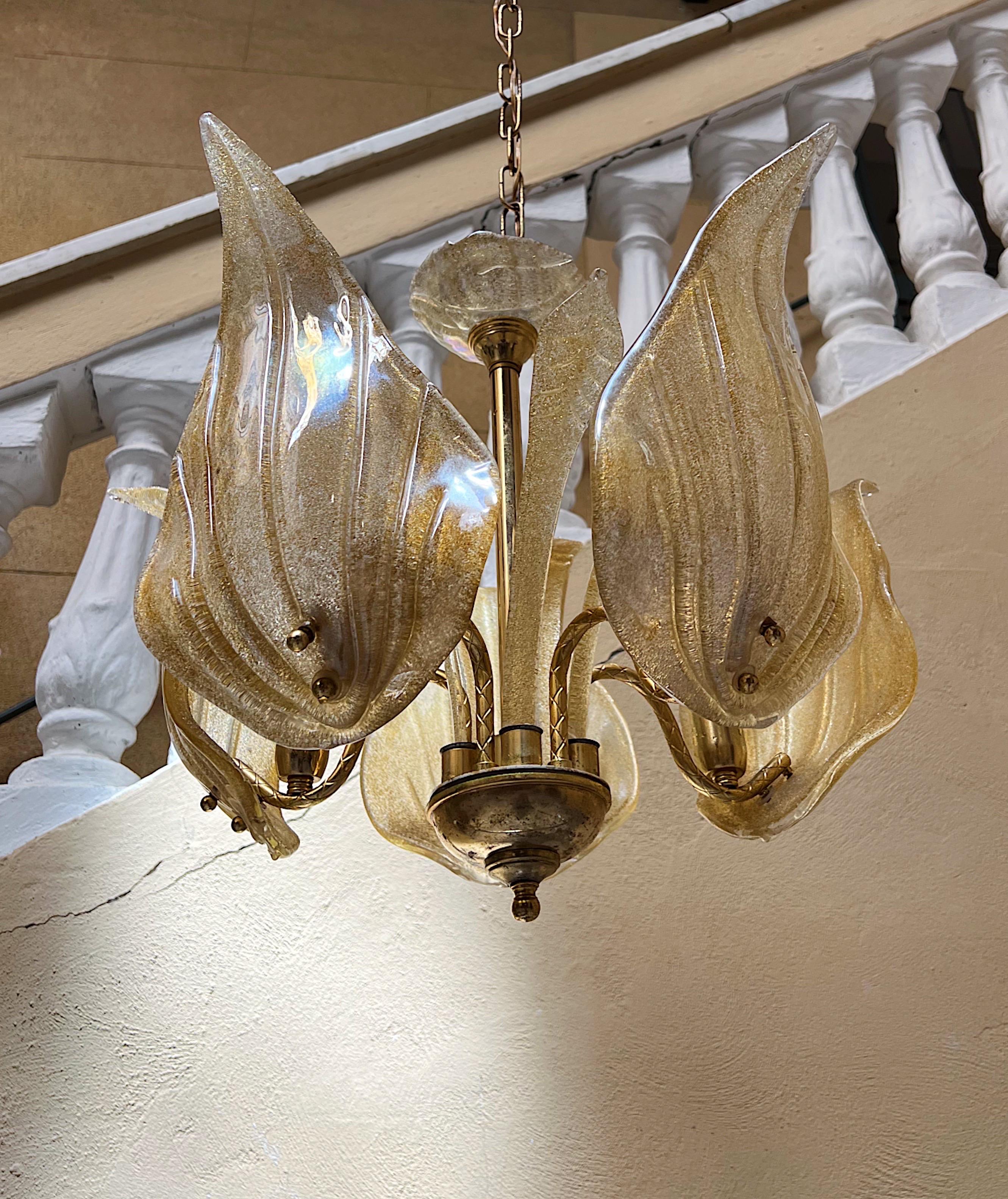 Murano Glass Midcentury Gold Leaf Chandelier, 1980s For Sale 4
