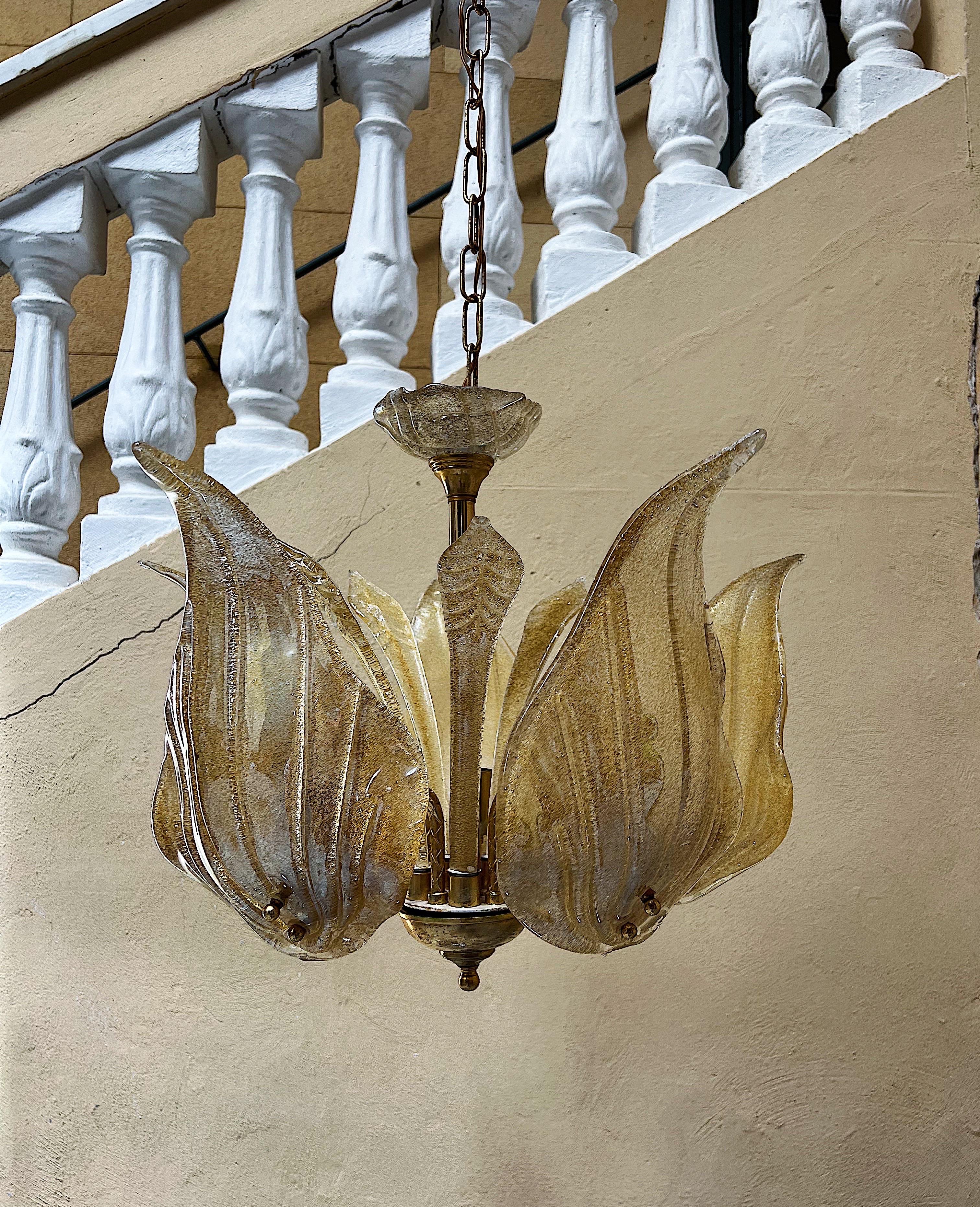 Metal Murano Glass Midcentury Gold Leaf Chandelier, 1980s For Sale