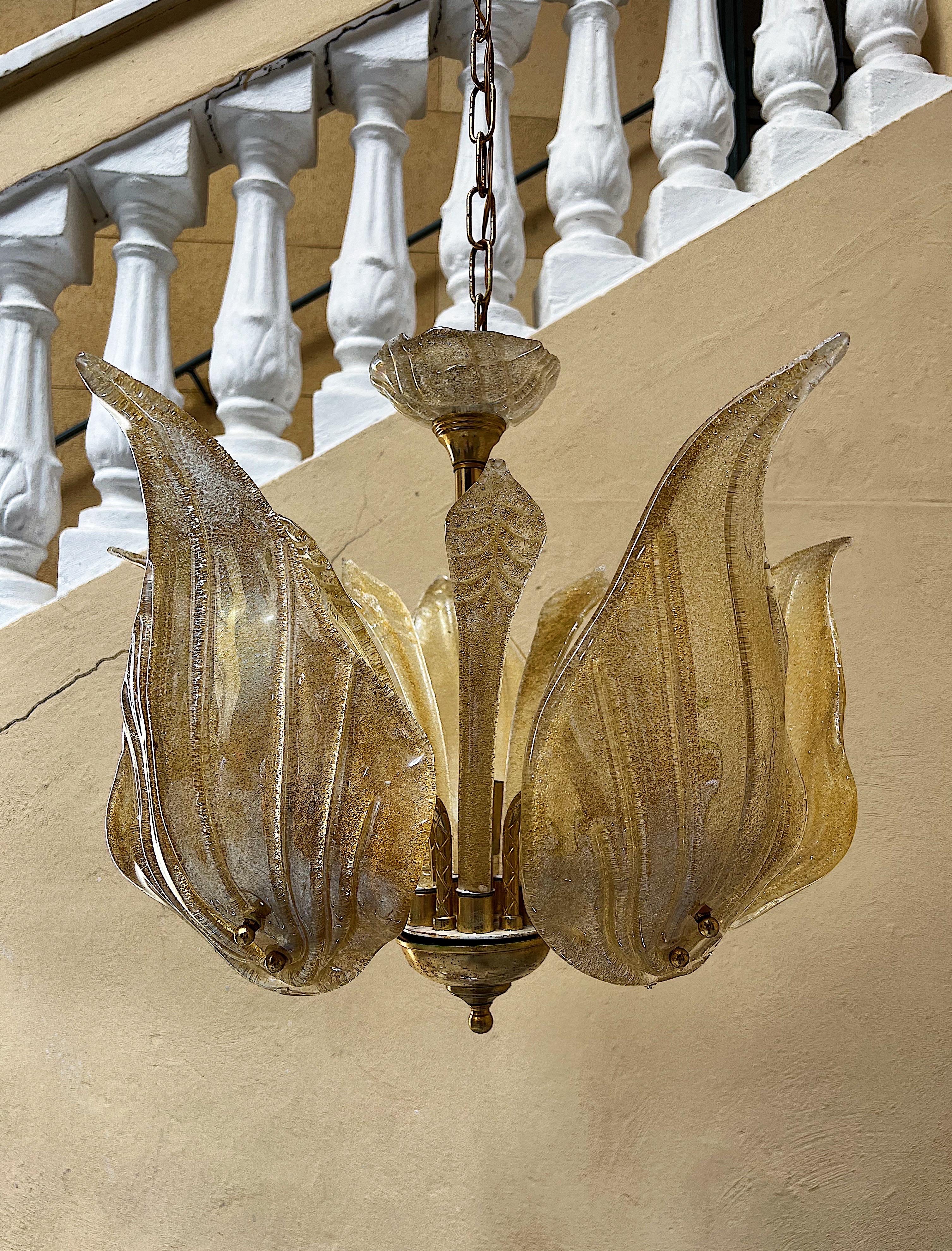 Murano Glass Midcentury Gold Leaf Chandelier, 1980s For Sale 1